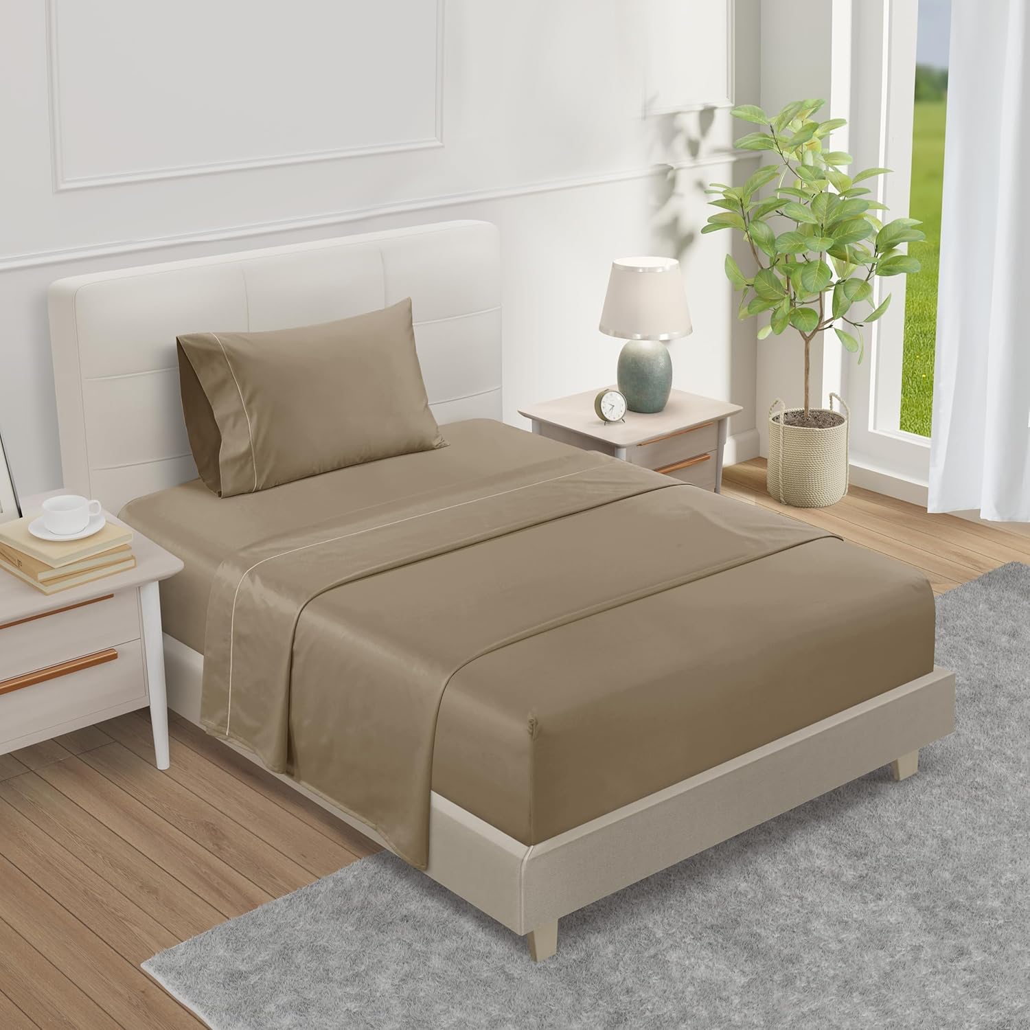 CHATEAU HOME COLLECTION Twin Sheet Set, 1000 Thread Count Sheets Twin Size Cotton, Deep Pocket Twin Sheet Cotton Bedding Sheets & Pillowcases(Upto 17"), 3 Piece Sateen Weave Luxury Bed Sheets, Taupe