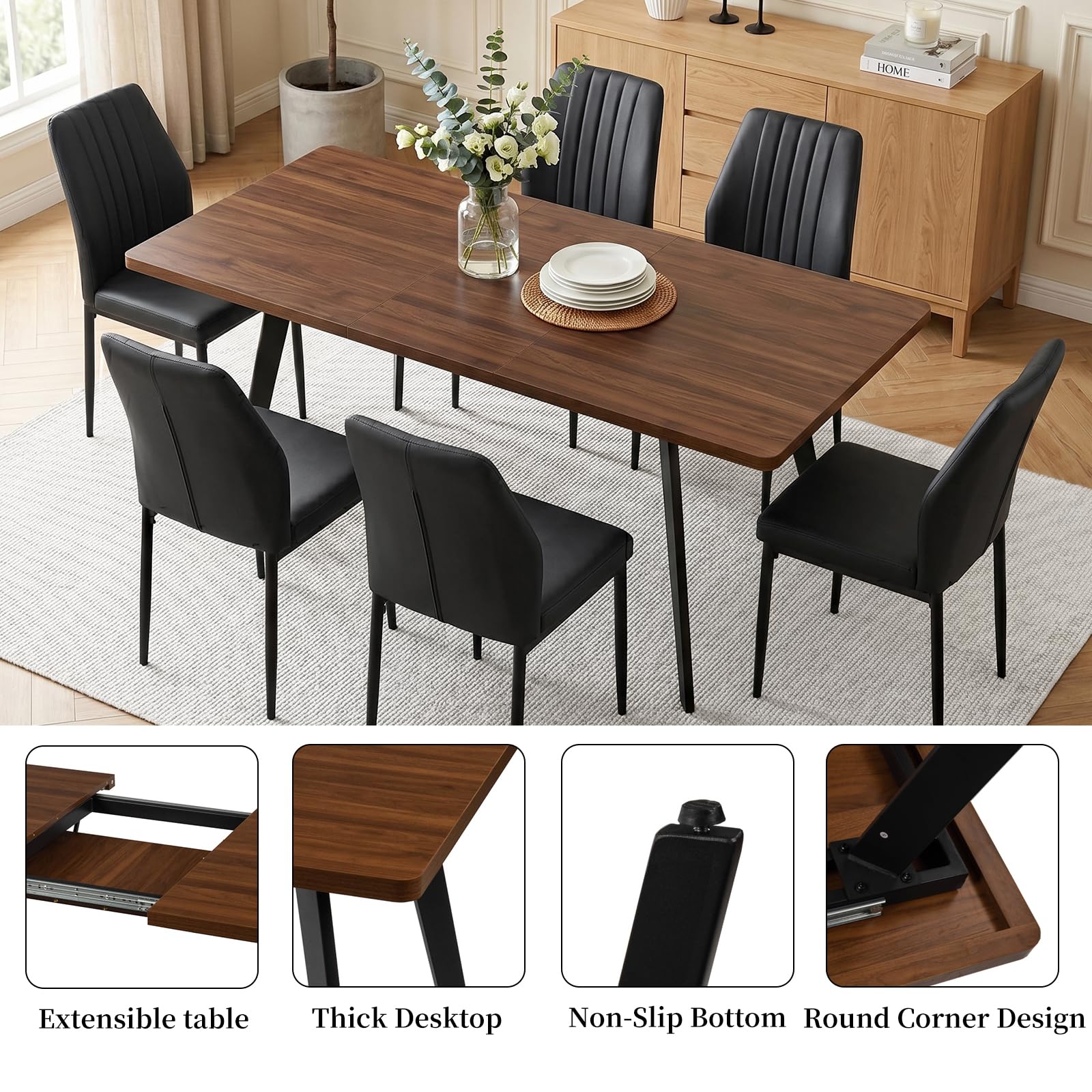 JIEXI Ausziehbares Esstischset mit 6 Stühlen, platzsparender Tisch aus MDF-Holz und stabilem Metallgestell, perfekt für Esszimmer, Küchen und Wohnungen – Tisch aus Eiche + Stühle aus grauem Samt