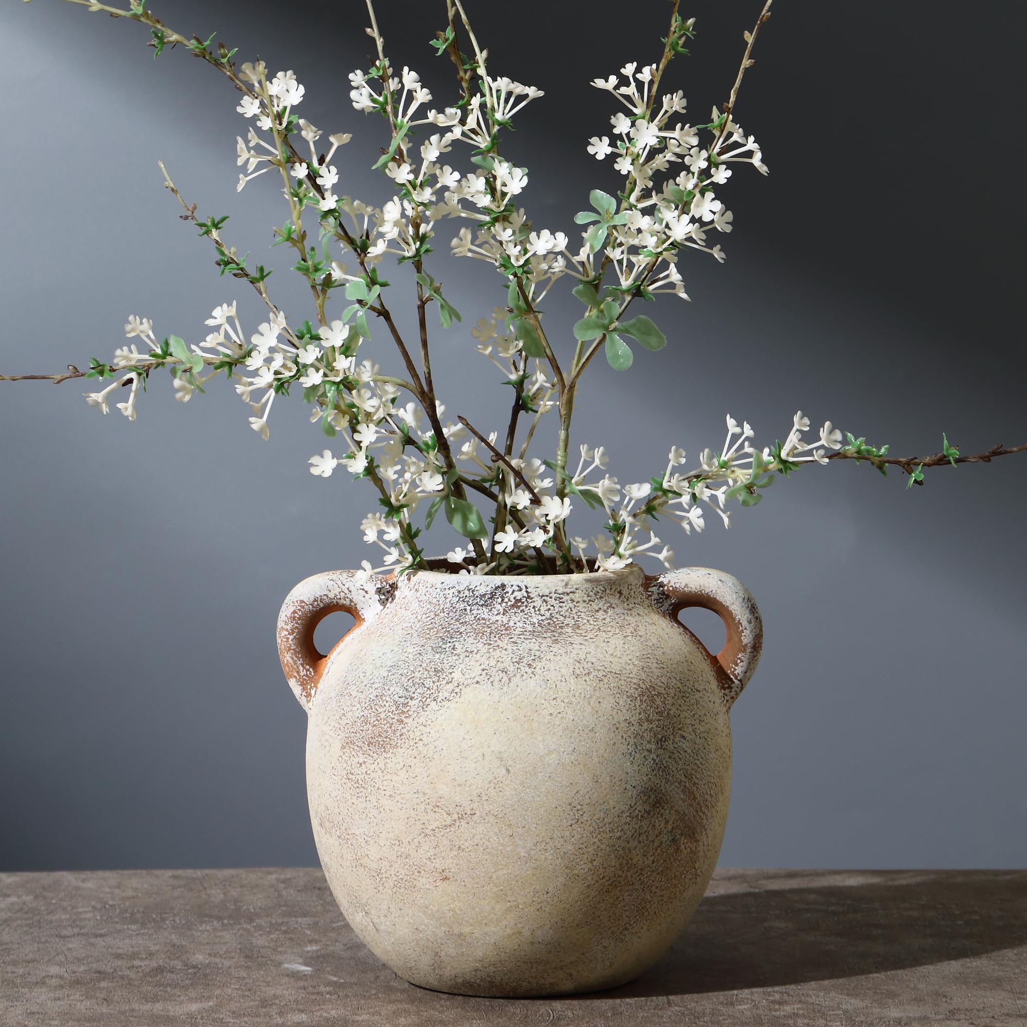 KRYSTHIA Keramik-Blumenvase mit Griffen, dekorative Terrakotta-Vase, rustikale Vasen für Heimdekoration, Bauernhaus-Vintage-Vasen für Wohnzimmer, Küche, Schlafzimmer, Büro, Couchtisch, 14 cm (braun)