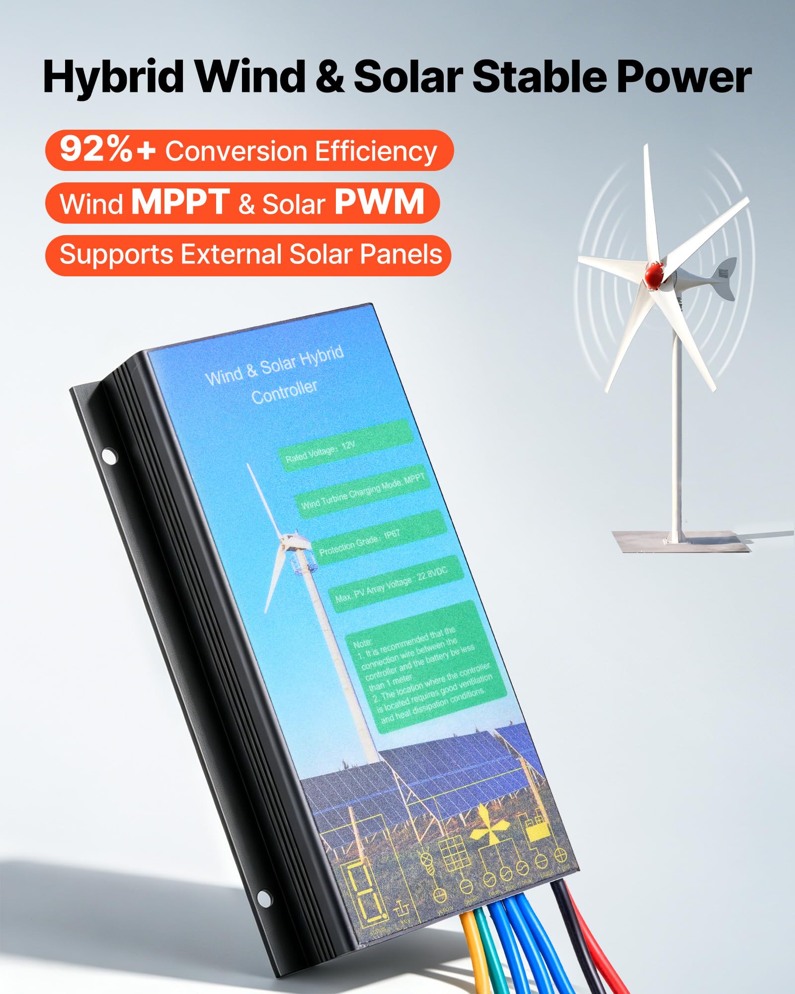 VEVOR Generador Eólico 12 V 800 W Turbina Eólica de 5 Palas con Controlador, Híbrido Eólico-Solar, Aerogenerador con Arranque de 2,5 m/s, Cuerpo de Aluminio para Casa, Granja, Barco y Autocaravana