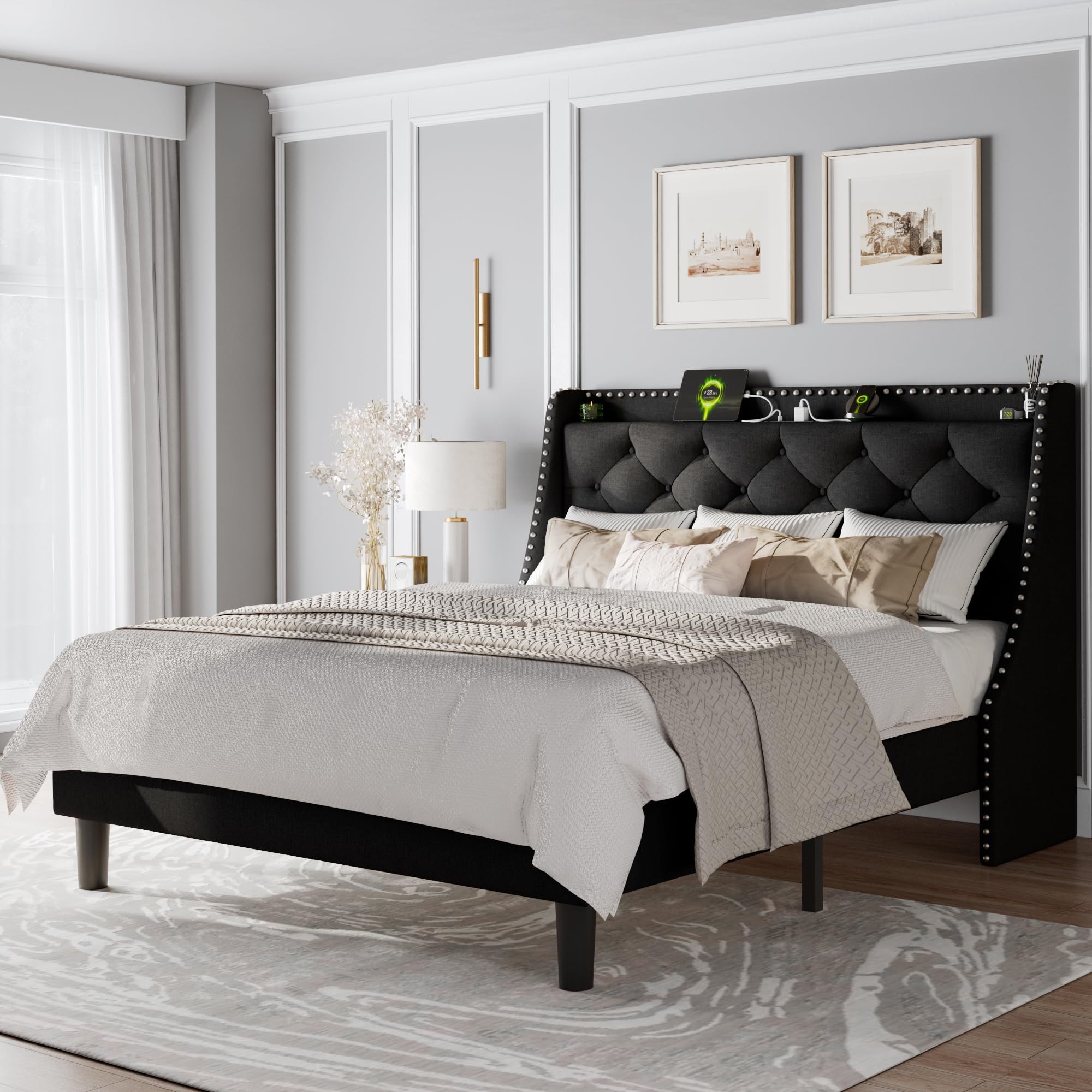 Feonase Full Bed Frame with Luxury Wingback Upholstered — free download