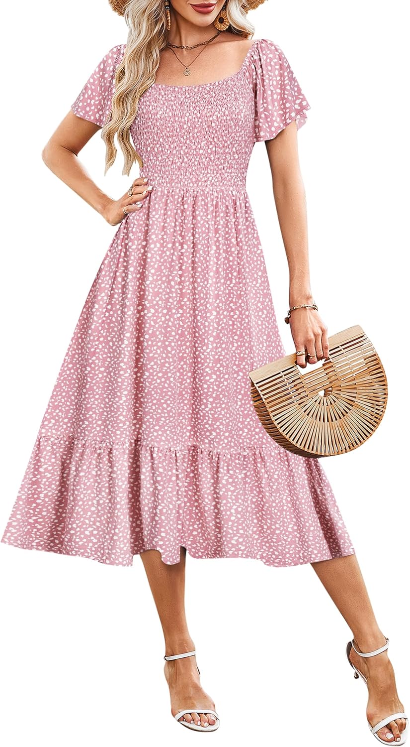 AUSELILY Women's Summer Empire Waist Dress Smocked Flutter Short Sleeve Square Neck Midi Dresses 2025 New
