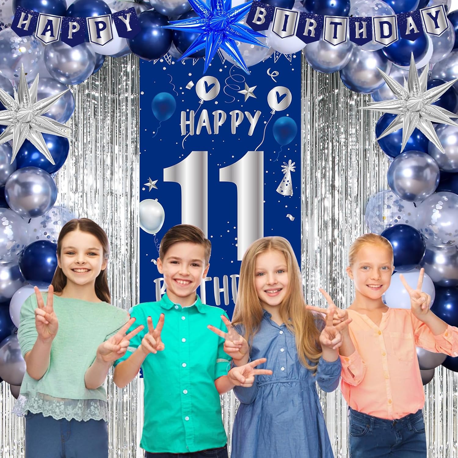 11th Birthday Decorations for Boys Girls, Blue Silver Happy 11th Birthday Boy Decoration, 11 Year Old Party Banner Balloons Decorations Tablecloth Foil Backdrop Star Balloons 11th Bady Decor for Kids - Image 4