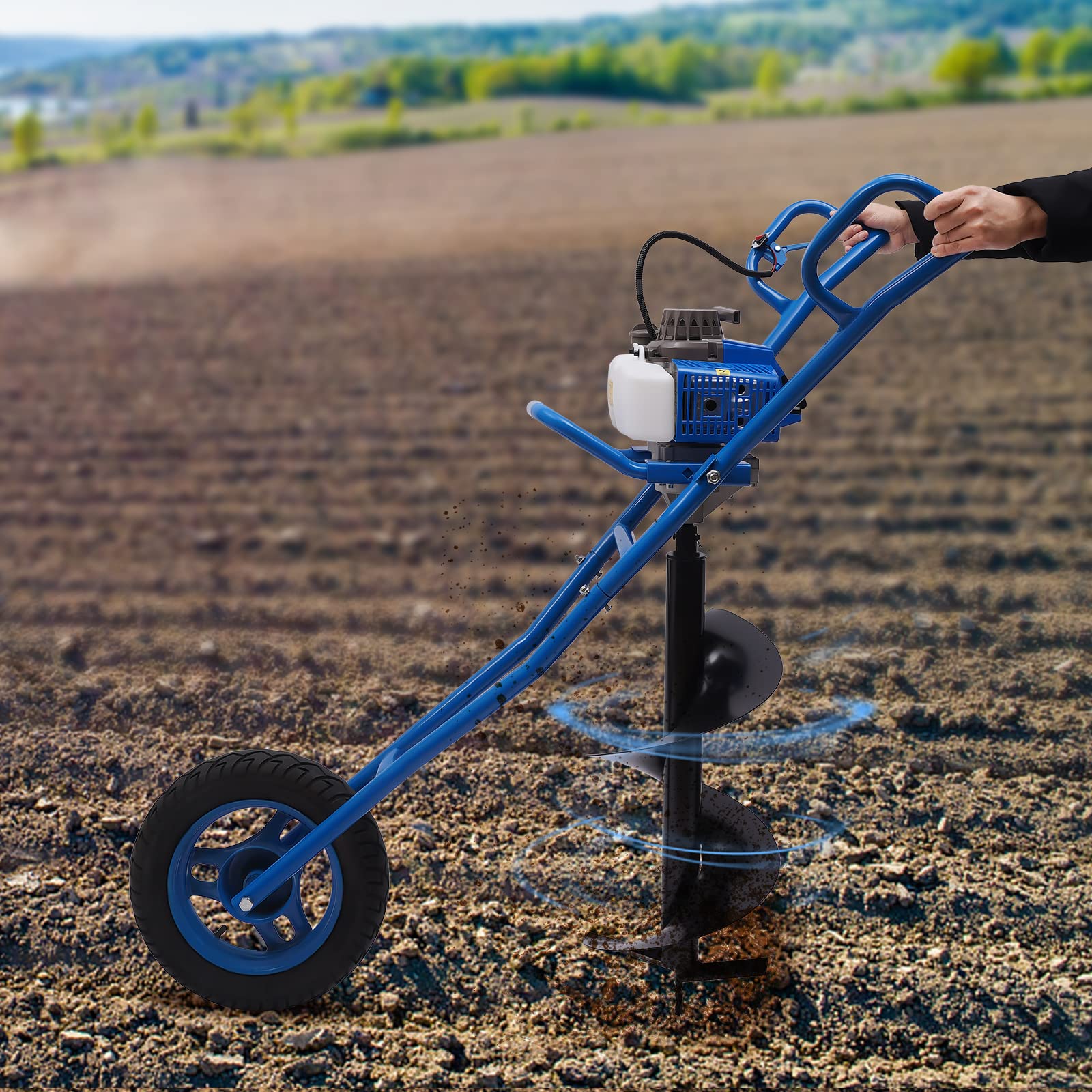 Ahoyadora de gasolina de 2 tiempos, 63CC 2,2KW con ruedas, barrena de gasolina para pfahl, dispositivo de perforación de tierra, brocas de Ø 300 mm, barrena de jardín Earth Auger con