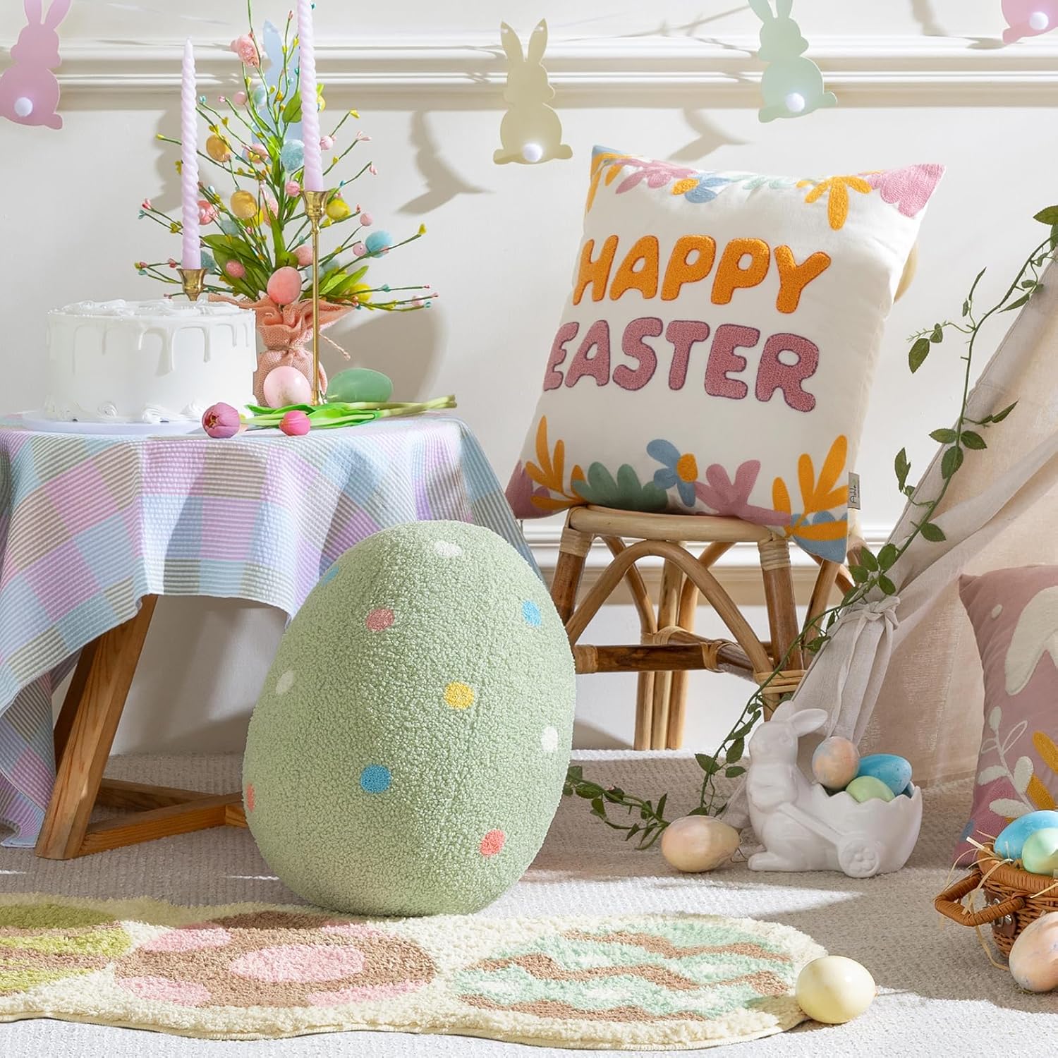 Ashler Easter Pillows, Egg Shaped Throw Pillow, Green Spring Easter Decoration, Teddy Sherpa Egg Pillow with Colorful Polka Dots Embroidery, Easter Eggs Decor for Bedroom, Living Room, Couch, 14x11 in