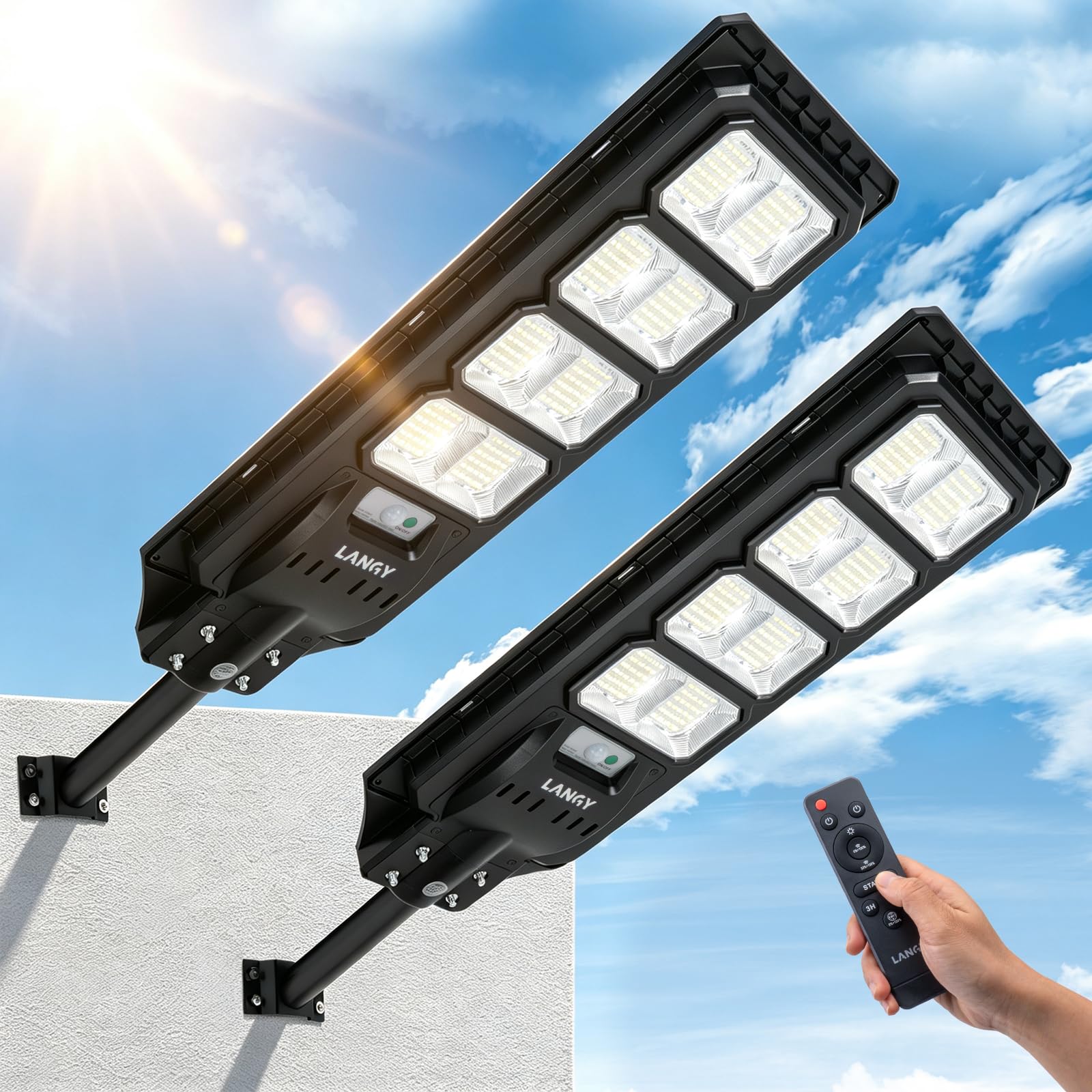LANGY 2PACK Lampada da esterno per lampada solare da 20000 lumen con telecomando, sensore di movimento crepuscolare all'alba, lampada da esterno alimentata a energia solare IP65 impermeabile