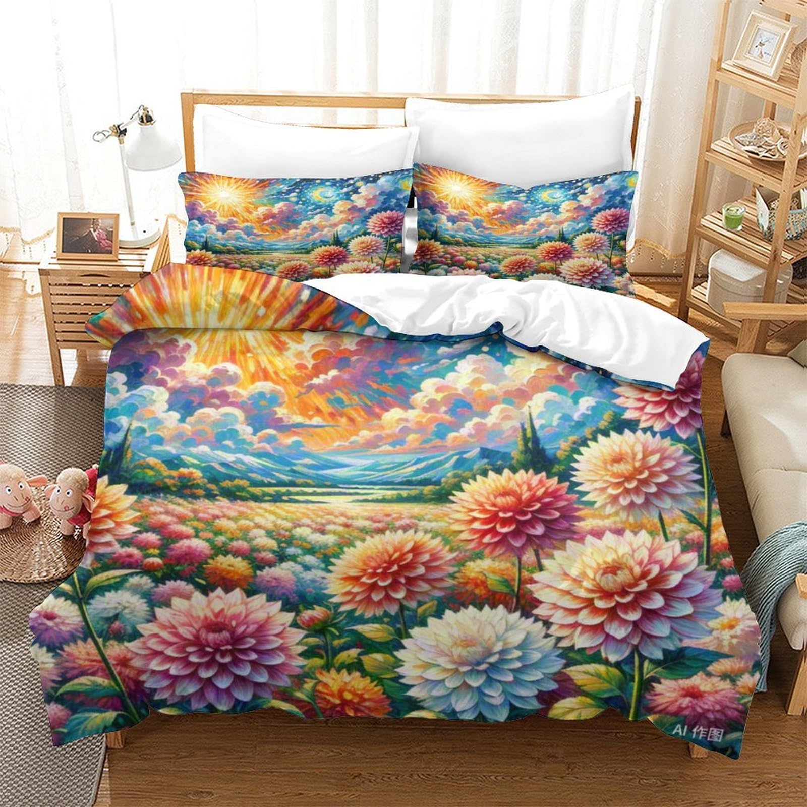 Housse de couette 260x220cm Dahlia 3D anti-plis en microfibre pour lit enfant et ado