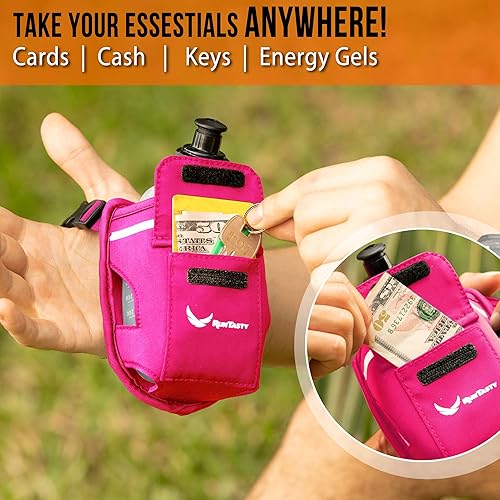 Miniatura 3 de "Diversión para correr 2 en 1" - Botella de agua rosa de 12 onzas. Complemento para botella de agua y cinturón de correr - Se adhiere a tu mano o se