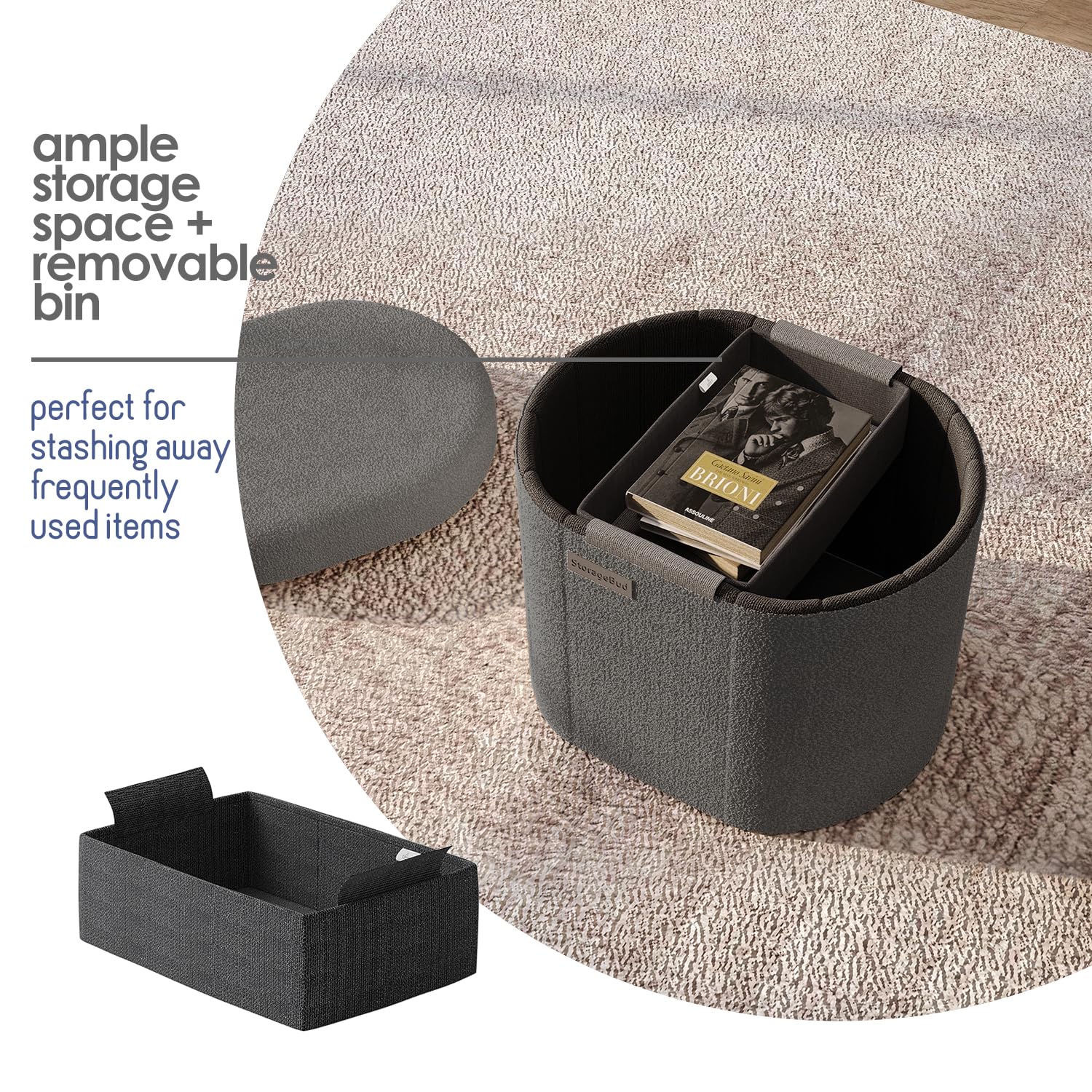 Ottomane ronde avec rangement pour le salon, 40,6 cm, petit ottoman, repose-pieds, repose-pieds en boucle, pouf ottoman max 150 kg, gris