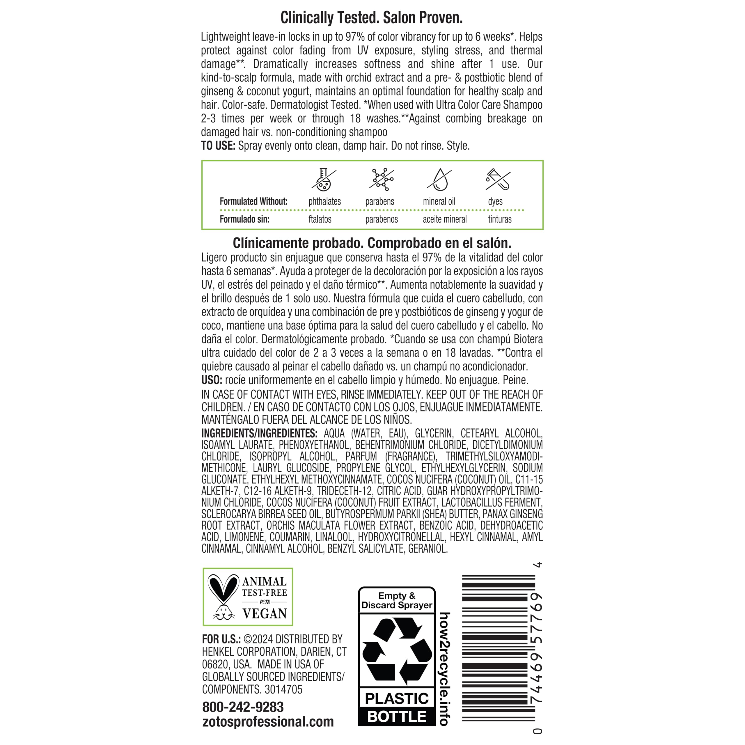 Biotera Ultra Color Care Lock Leave-In Conditioner Spray | Locks In Color Vibrancy | Heat Protectant Treatment | Color-Treated Hair | Vegan & Animal Test-Free | Paraben & Sulfate-Free | Color-Safe
