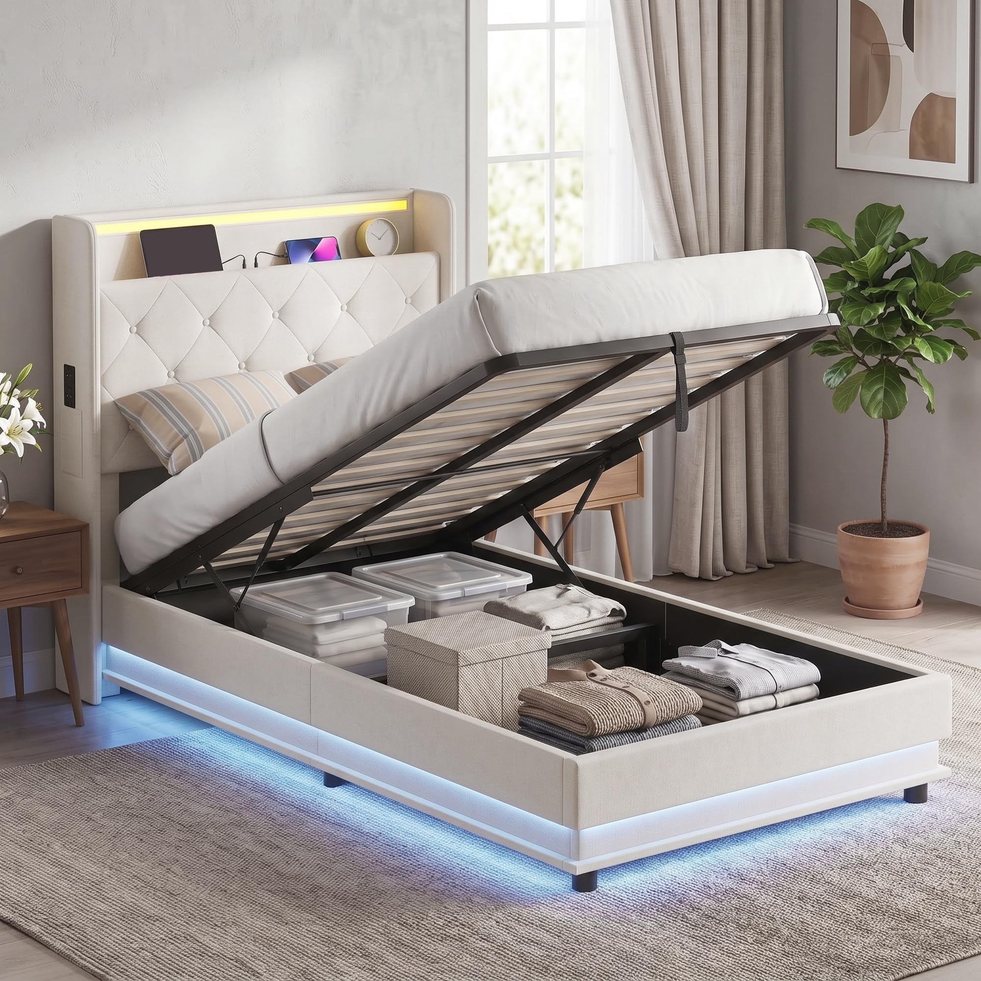 HOMCOM 3ft Single Ottoman Bed Frame Hydraulic Storage LED Lights Cream