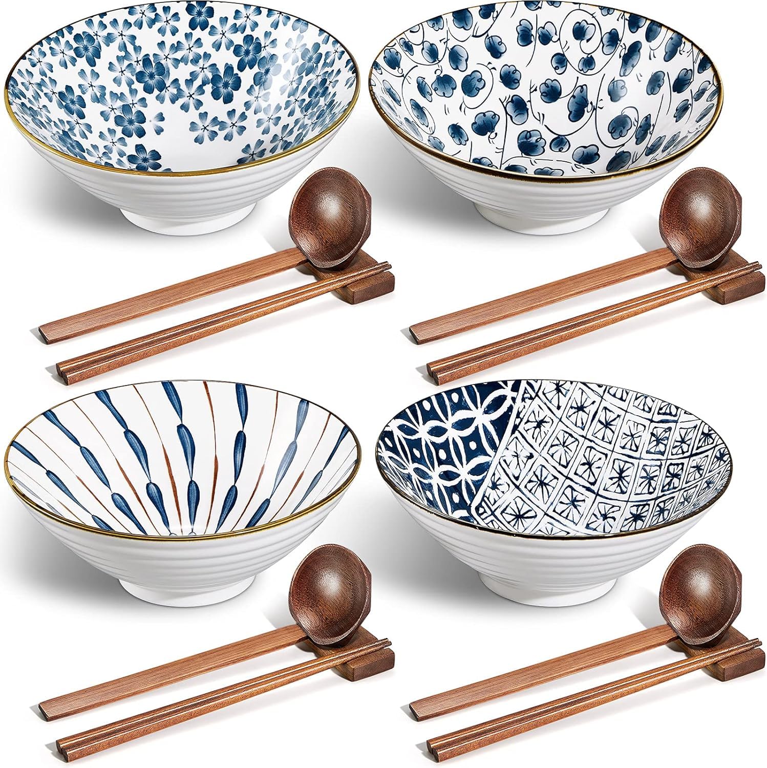 Unbreakable Ceramic Ramen Bowl Set of 4,40 oz Large Noodle Soup Bowl with Spoons, Chopsticks and Chopsticks Stand for Udon Soup Noodles or Asian Food, Pho,Dishwasher Safe (Classic Style)