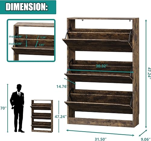 Miniatura 73 de Armario de almacenamiento de zapatos para entrada con 3 cajones abatibles, almacenamiento oculto de madera resistente, organizador de zapatos
