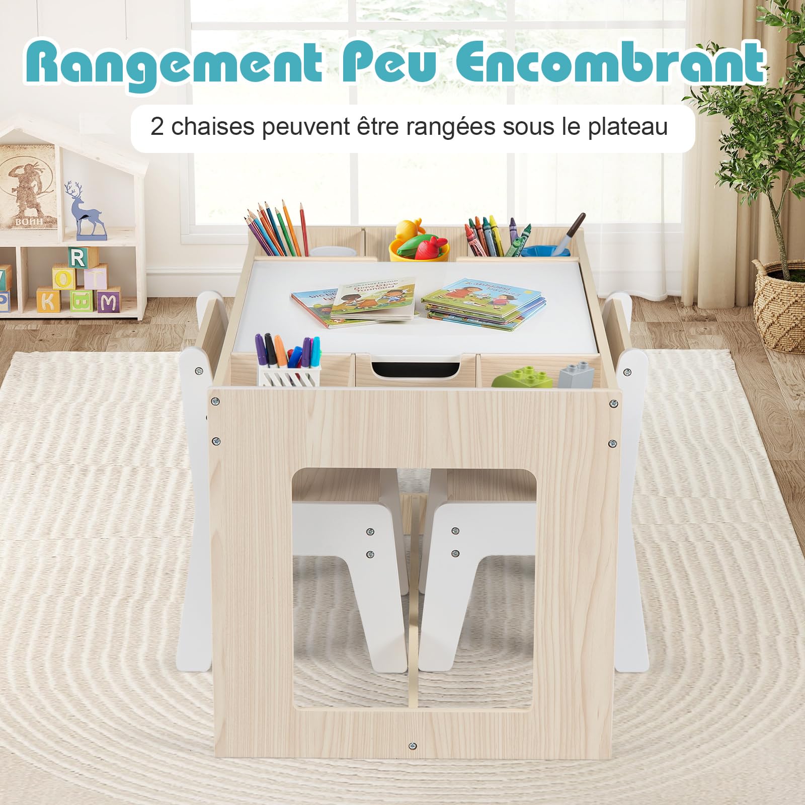 COSTWAY Table Enfant avec 2 Chaises et Plateau Réversible, Table Enfant avec Rangement et 6 Compartiments Latéraux, Tableau Noir et Blanc pour Jouer Dessiner, Bureau à Dessin pour 3 Ans+ (Naturel)