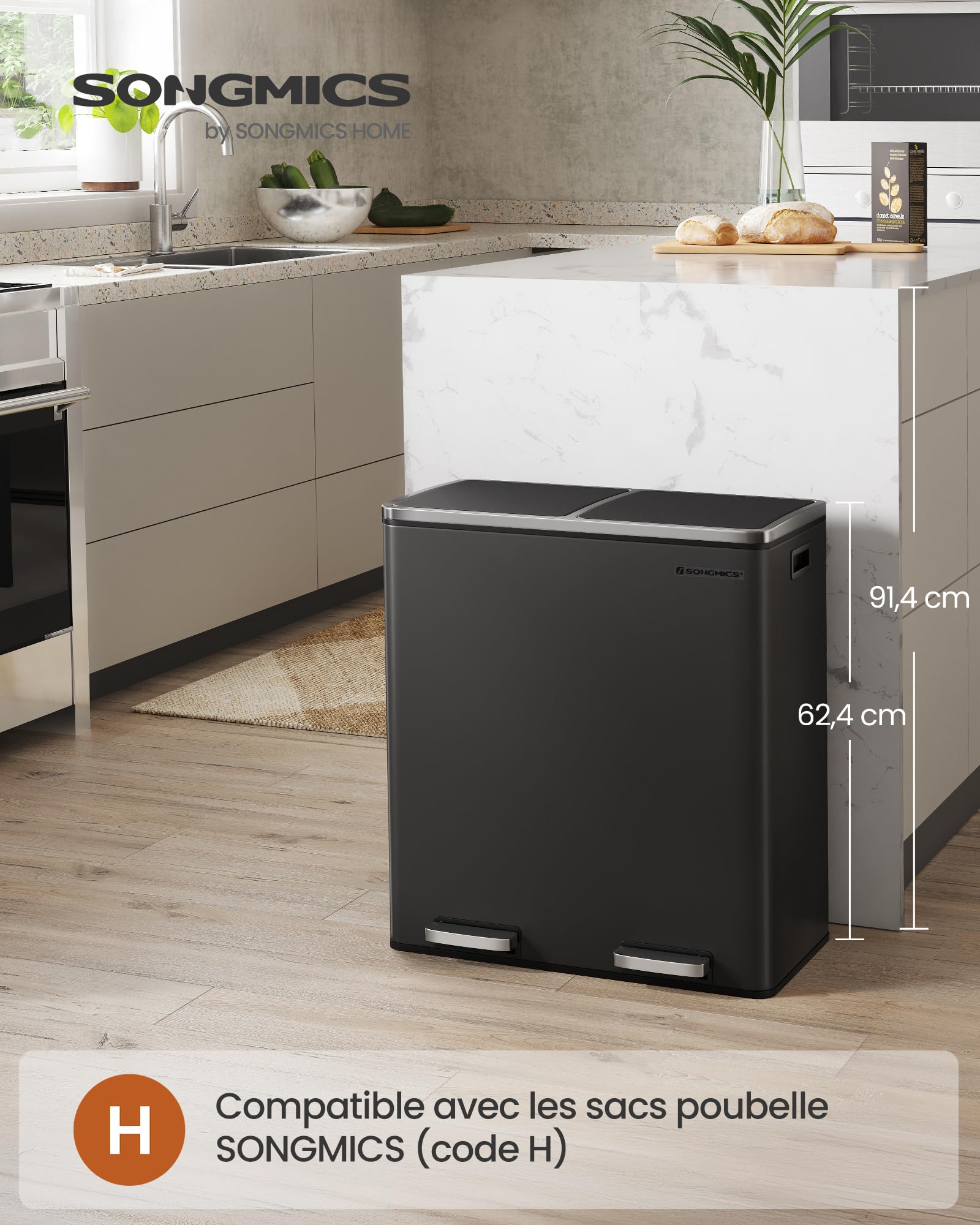 SONGMICS Poubelle Cuisine Tri Sélectif 2 x 30L, 2 Seaux en Plasatique, avec 15 Sacs Poubelles, Pédales en Métal, Couvercles, Poignées, Fermeture en Douceur, Hermétique, Noir LTB60BK