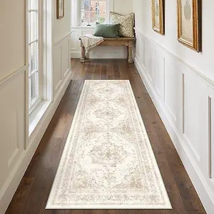 Runner Rug 3x8 Cream Hallway Washable Beige Carpet Non Slip Vintage Medallion Beige Carpet Low Pile Soft Distressed Retro Indoor Long Rug for Entryway Kitchen Bathroom Laundry Bedroom