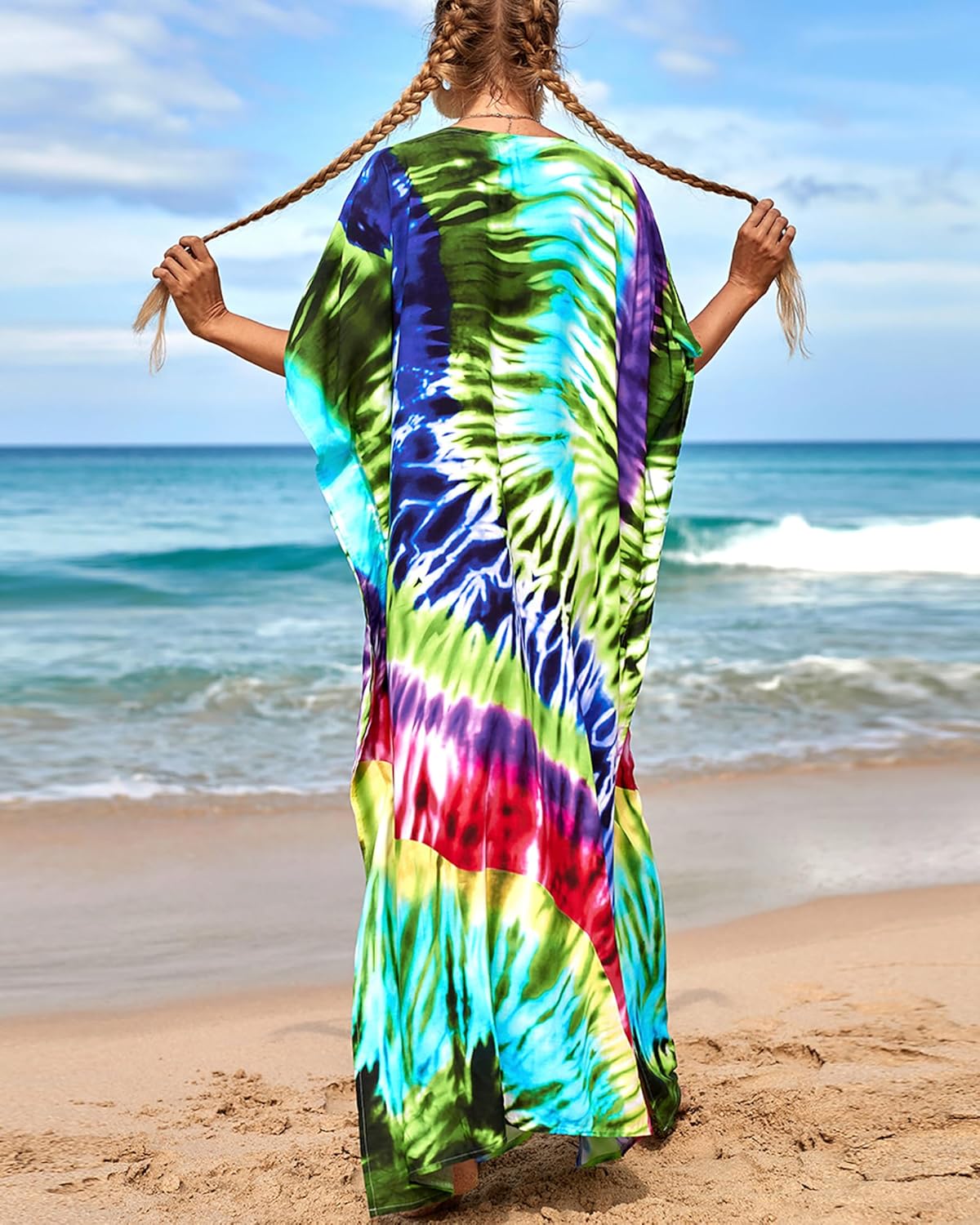 Bsubseach Kaftan Dresses for Women Plus Size Tie Dye Batwing Sleeve Caftans Swimsuit Coverup Maxi Dress Loungewear - Image 3