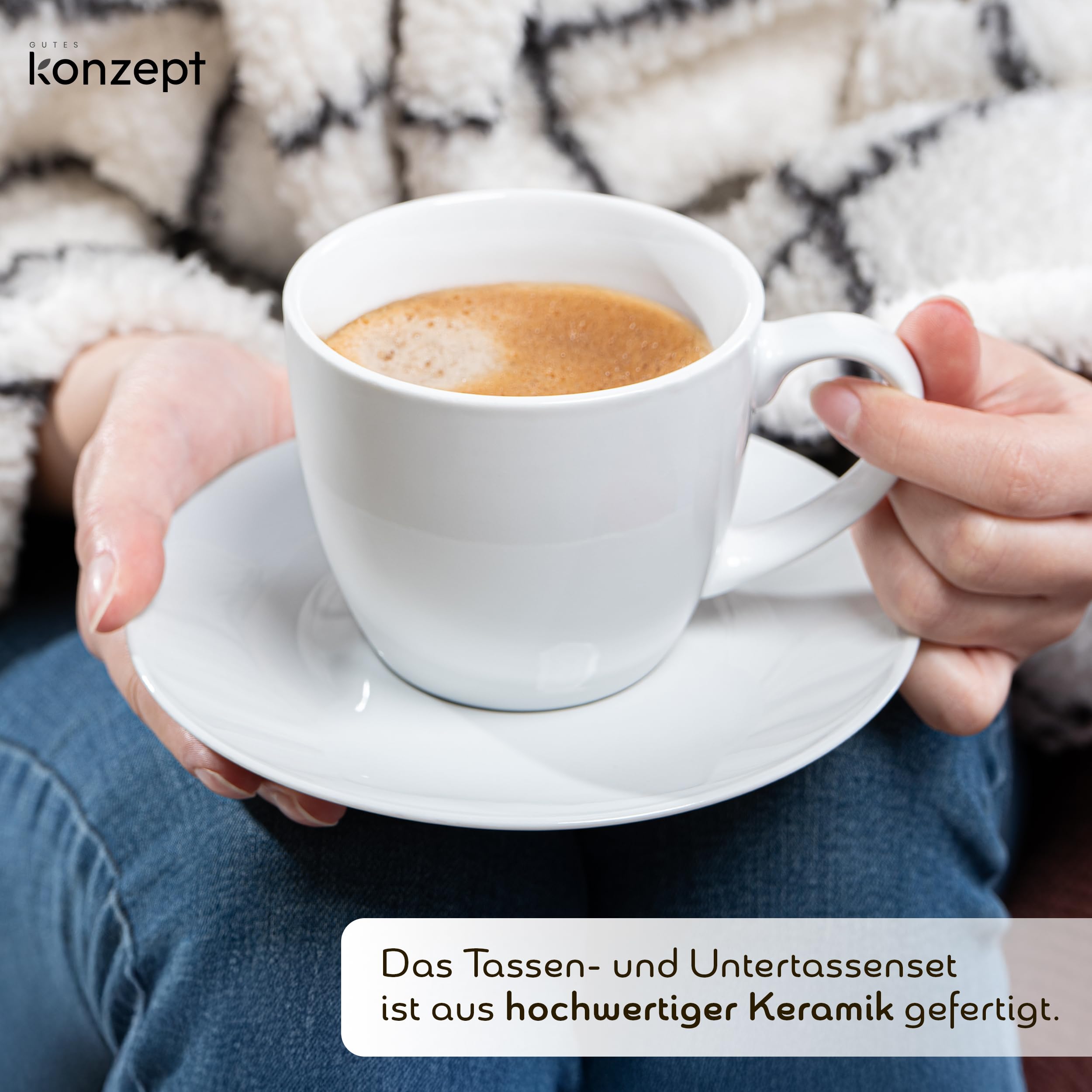 KONZEPT Kaffeetassen Set 6er mit Untertassen, Weiß, Tassen für 6 Personen aus Porzellan zum Bemalen, ideal für Tee, Kaffee, Cappucino, 230 ml