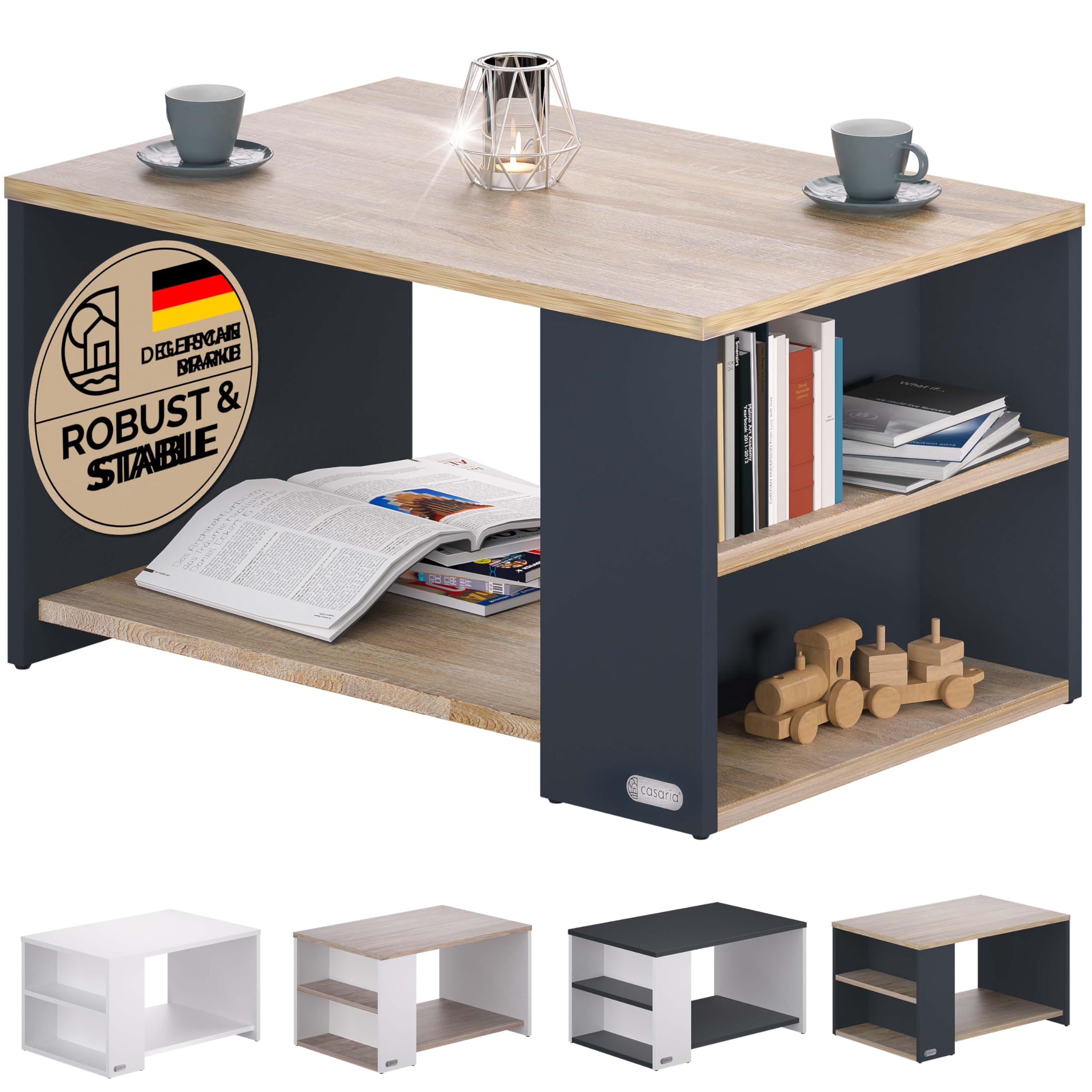 Casaria® Tavolino Divano da Caffè con Ripiano 2 Scomparti 90x60x50cm in Legno Carico Max 50kg Tavolo Basso Soggiorno Salotto