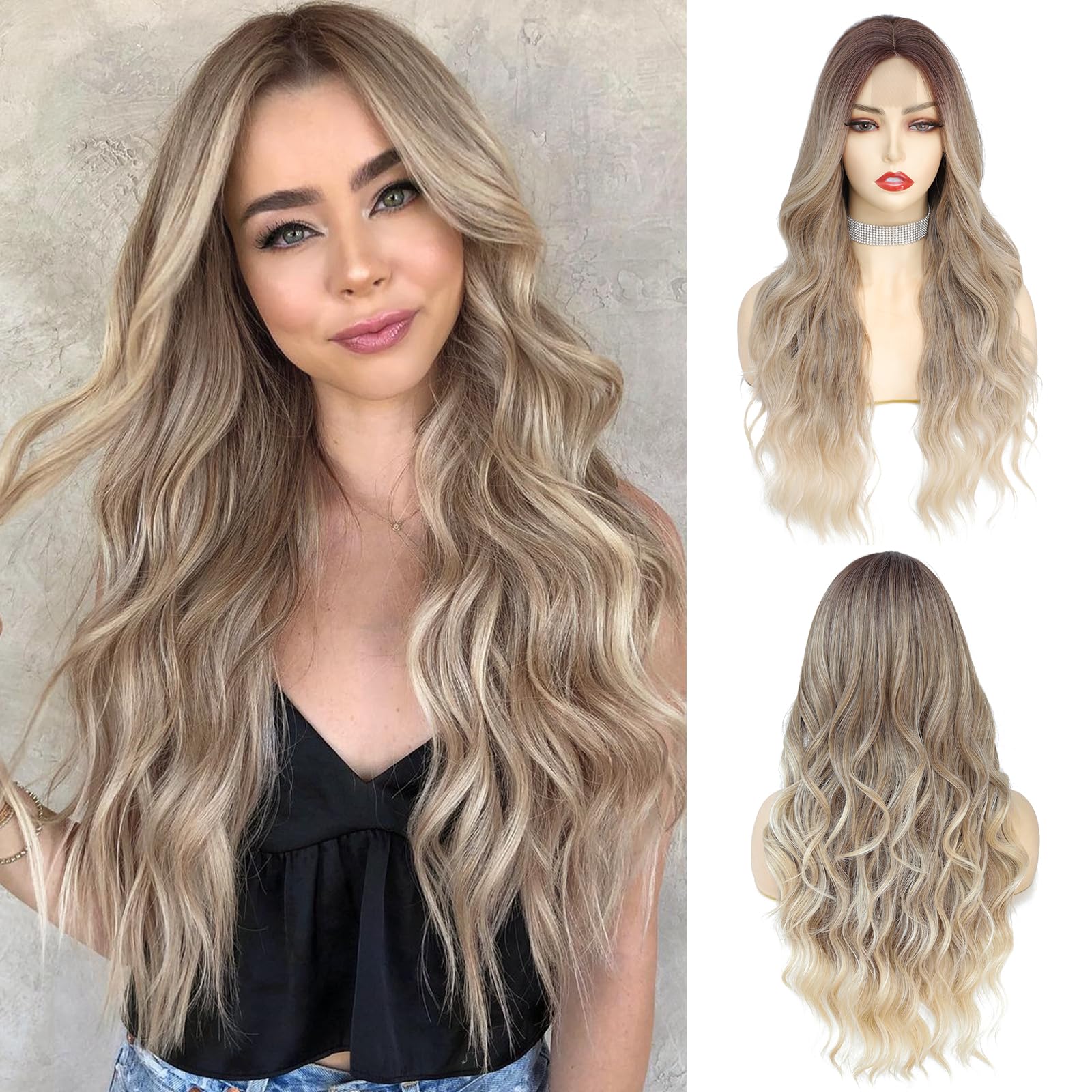 ?? Gorgeous Ash Brown to Blonde Ombre Long Wavy Hair Replacement NWT SEXY ? ✨ 3 Dreamy Ash Blonde Ombre Waves for a Soft, Lived-In Glow  main image 4