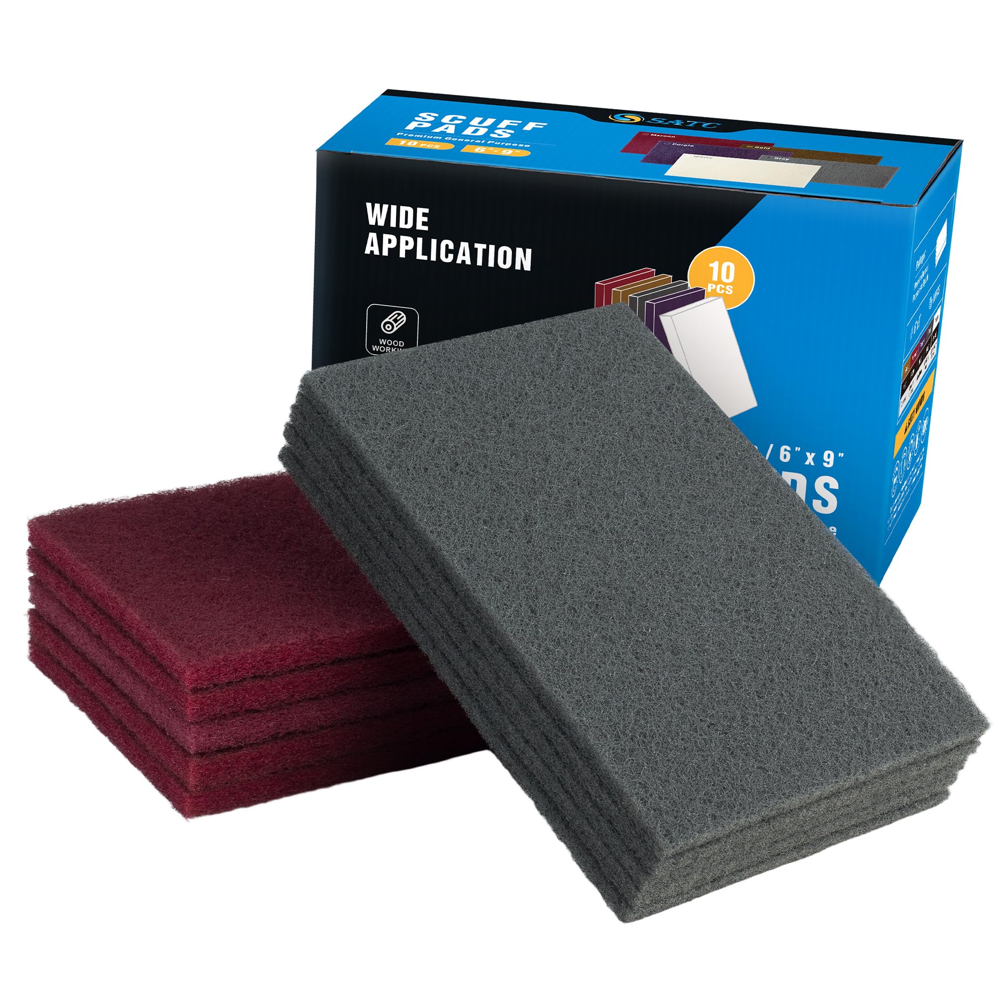 S SATC 6" x 9" 10 Pack General Purpose Scuff Pads,5 Each of Maroon and Gray Automotive Paint Primer Prep Adhesion Scratch Scuff Pads for Woodworking,
