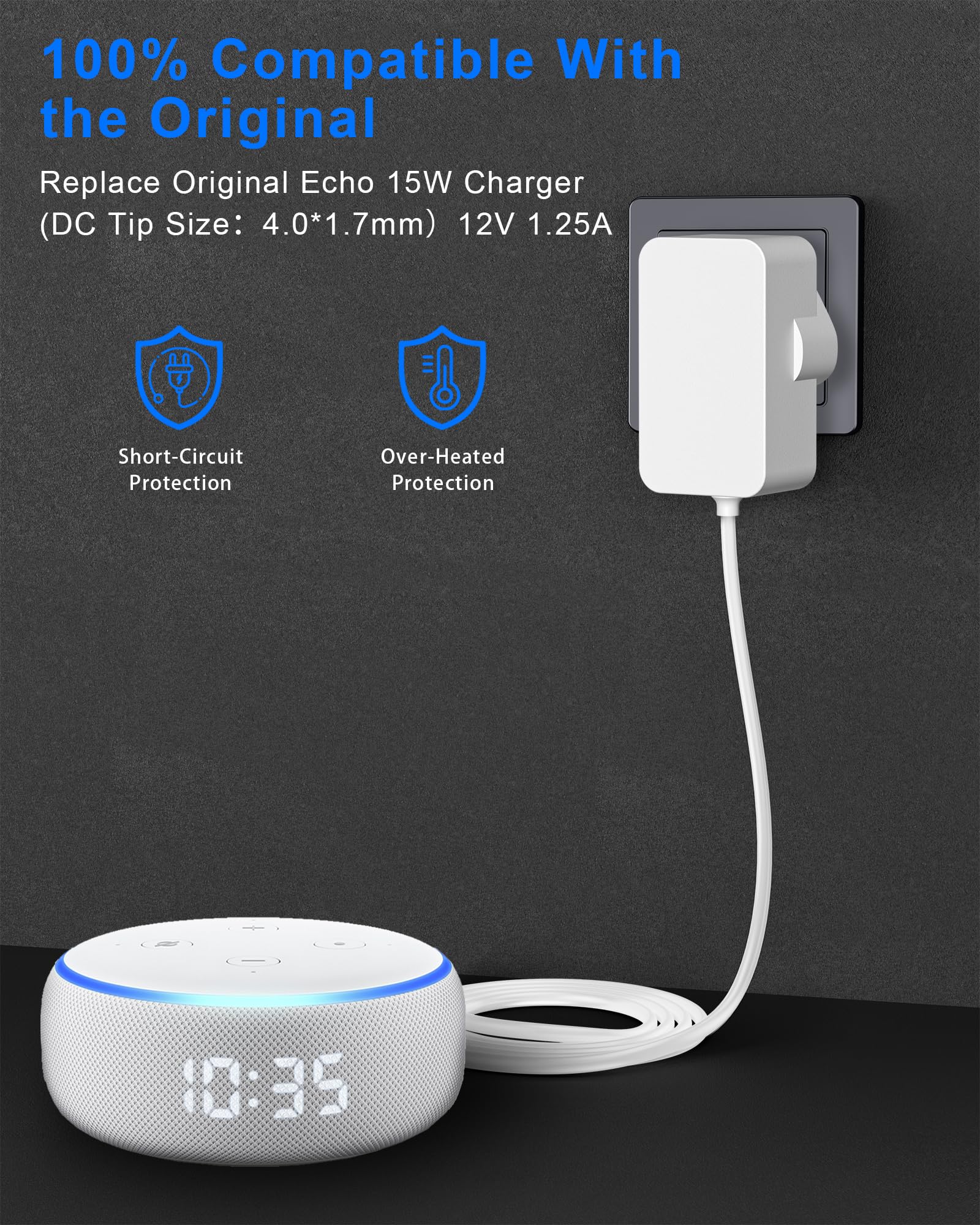 Binamao 12V 1.25A 15W Power Supply Charger Compatible with Echo Dot (3rd/4th/5th Gen) Echo Dot with 3/4 Gen Echo Dot Kids Edition 3/4 Gen Echo Show 5 (1/2Gen) Echo Spot Fire TV Cube, 1.5M Cord - White — view 4