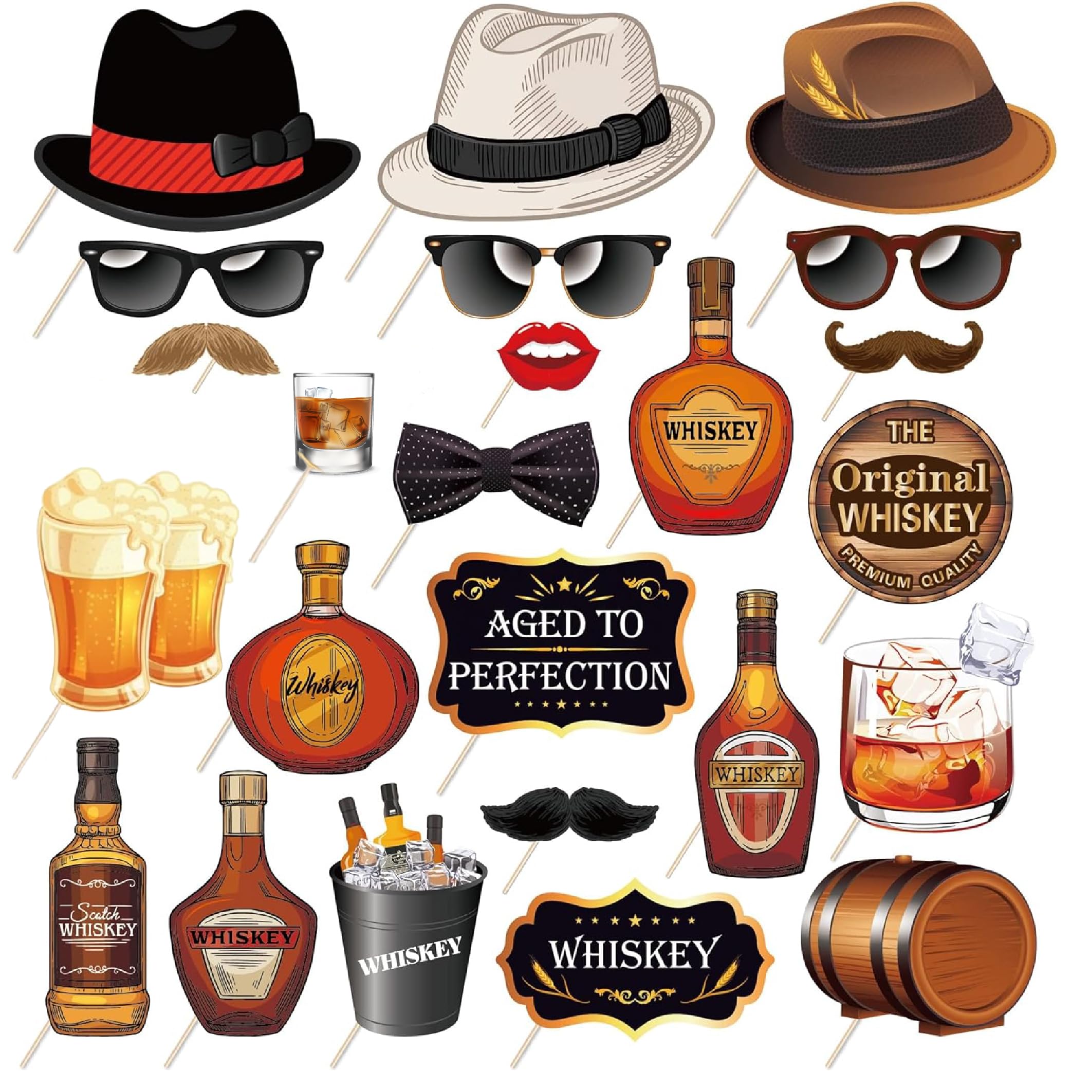 Kristin Paradise 25Pcs Whiskey Photo Booth Props with Stick, Theme Selfie Props for Men Aged to Perfection, Cheers and Beers Birthday Party Supplies,