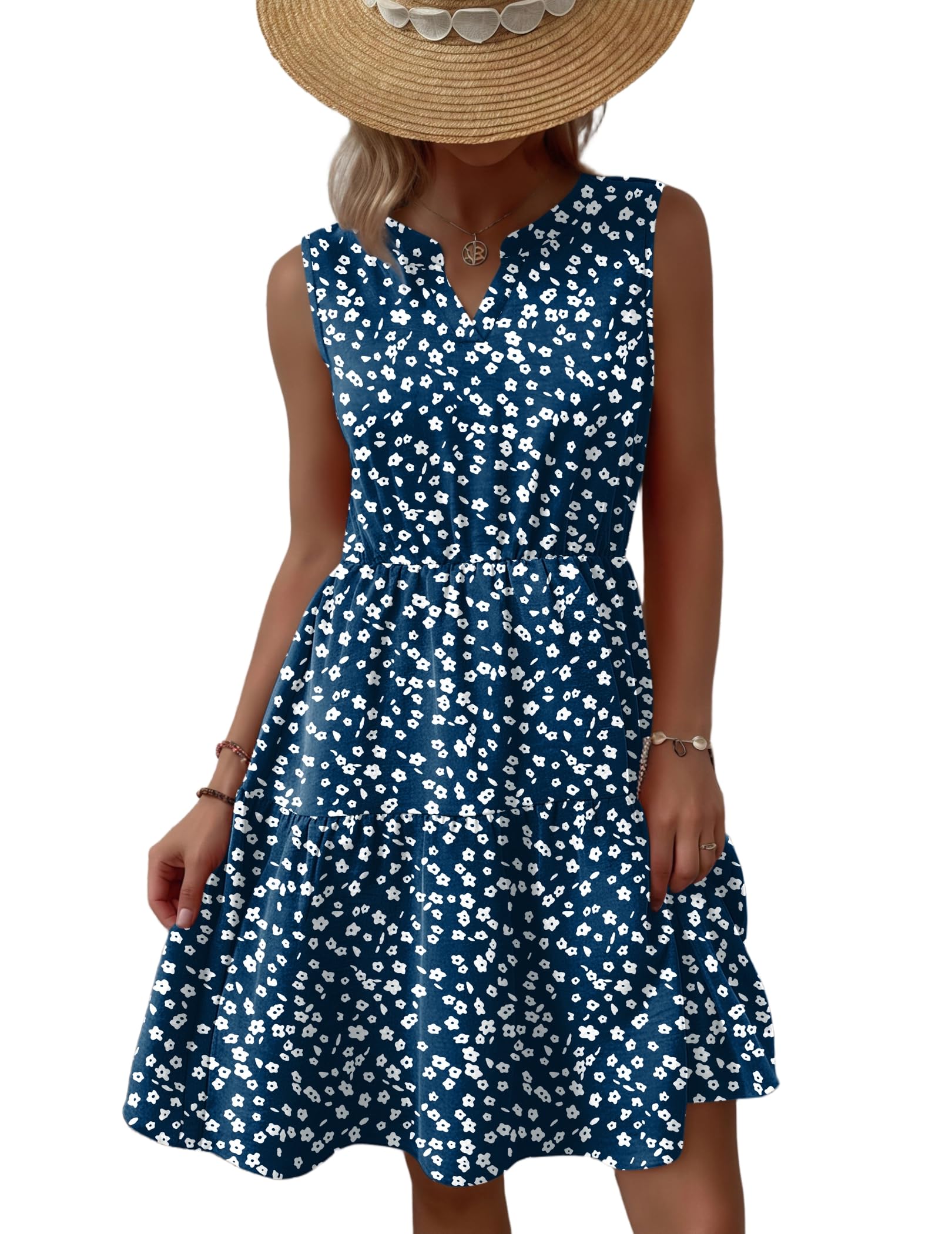 Zeagoo Women's Casual Sleeveless Beach Dress V Neck Floral Print Summer Dress Short A Line Casual Dress Loose Ruffle Mini Dress