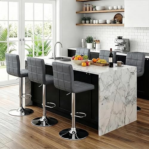 ZENY Set of 4 Adjustable Swivel Barstools, Modern PU Leather Kitchen Counter Bar Stools, Square Back Bar Stool (Grey)