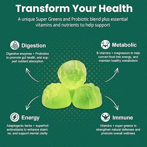 Miniatura 3 de Supergreens - Gomitas diarias 61 en 1 para mujeres y hombres, gomitas de superalimentos multivitamínicos con probióticos para la salud metabólica,