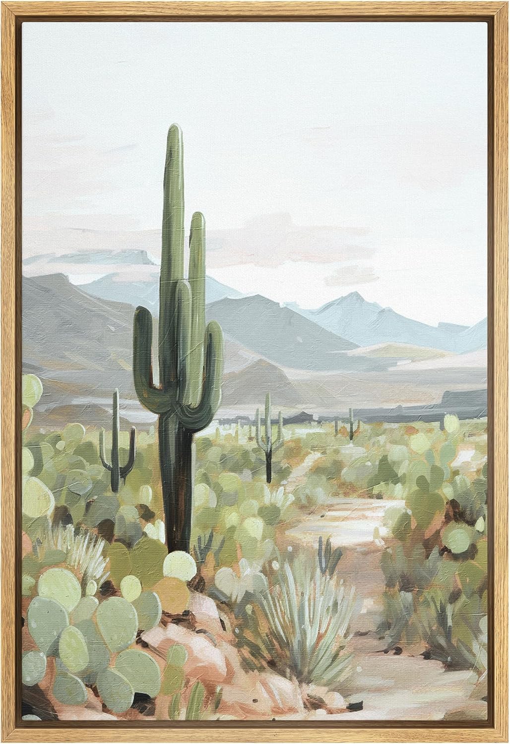 SIGNFORD Framed Canvas Print Wall Art Serene Desert Landscape with Tall Cactus Nature Wilderness Illustrations Modern Art Decorative Relax/Calm for Living Room, Bedroom, Office - 16"x24" Natural