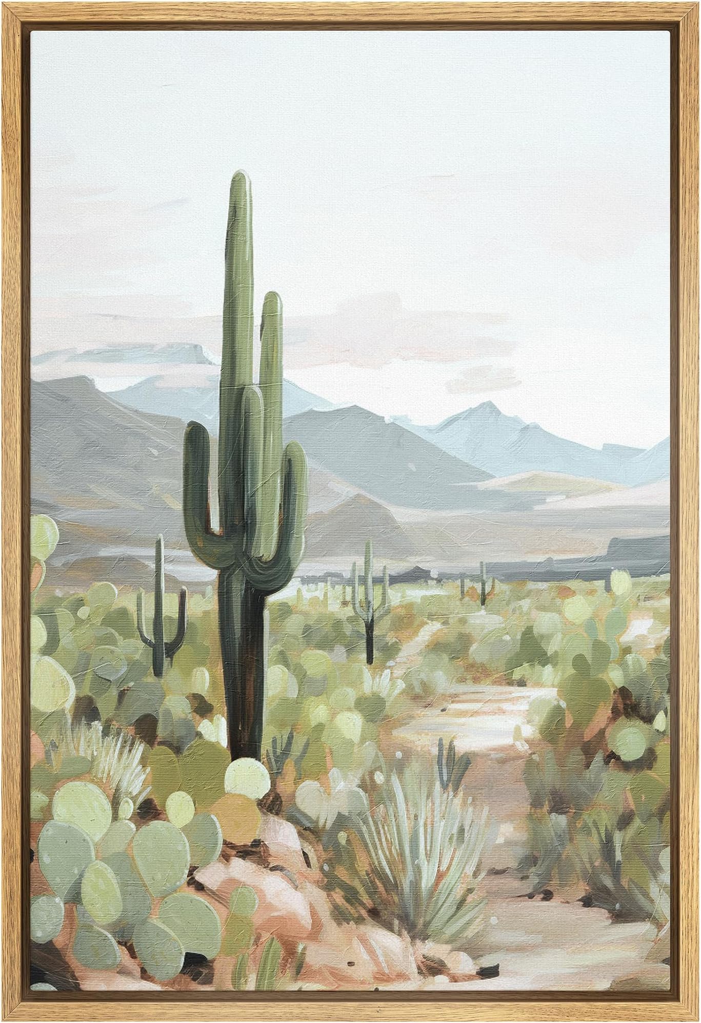 SIGNFORD Framed Canvas Print Wall Art Serene Desert Landscape with Tall Cactus Nature Wilderness Illustrations Modern Art Decorative Relax/Calm for Living Room, Bedroom, Office - 16"x24" Natural