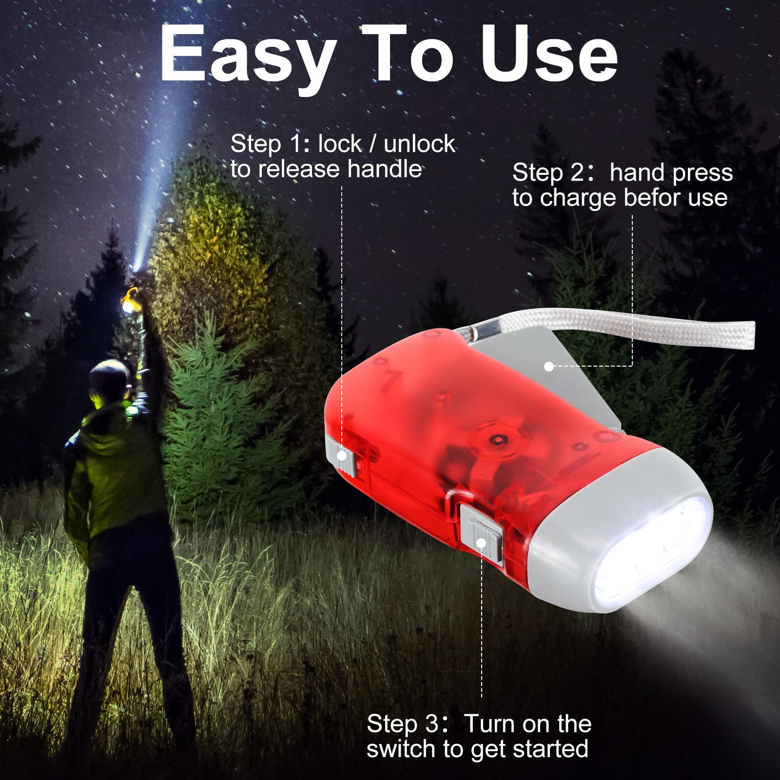 Leelosp 48 Stück Handkurbel-Taschenlampe, keine Batterie erforderlich, Taschenlampe, manuelles Drücken der Taschenlampe, 3 LED-Leuchten, für Camping, Stromausfall, Notfall-Sicherheitswerkzeug