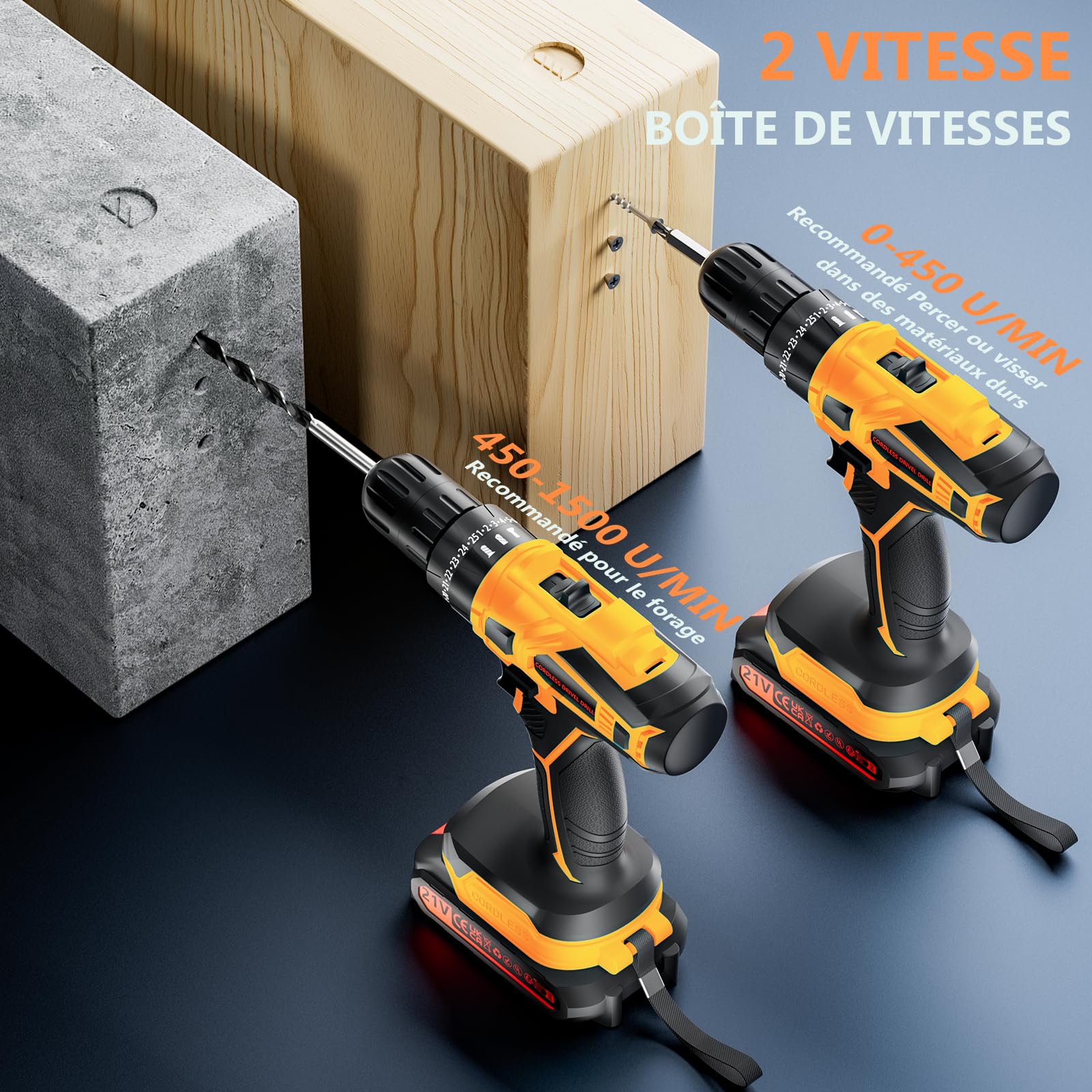 Perceuse Visseuse Sans Fil 21V Avec Batterie 4000mAh, 45Nm de couple max 25+3 positions de couple(2 vitesses & LED), 2 batteries 2,0Ah et chargeurpour la maison et le jardin projet DIY (Jaune)