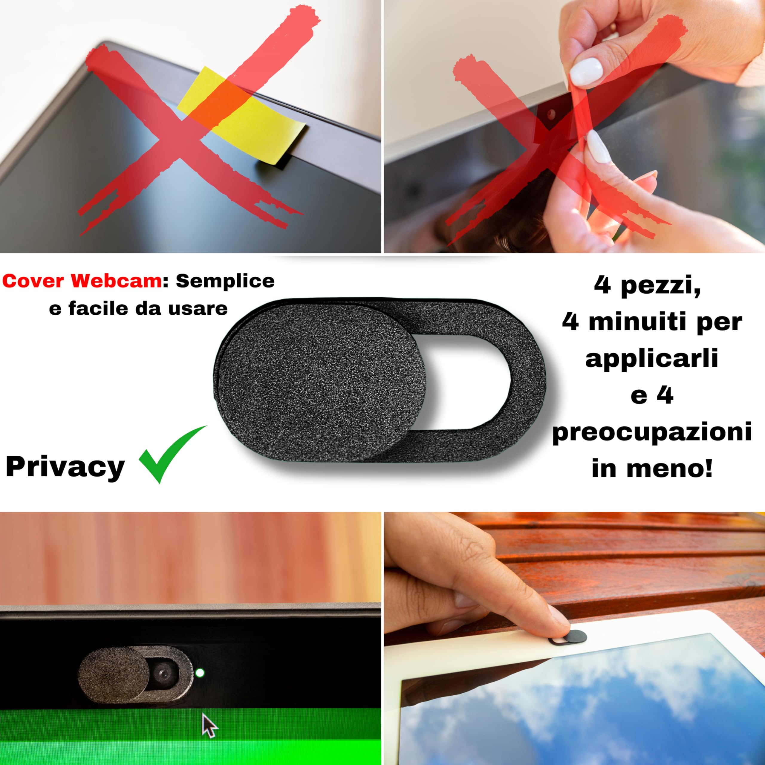 NOITAF Copri webcam 4 pezzi per i tuoi accessori, con webcam cover puoi stare tranquillo di non essere visto mentre usi lo smartphone, ipad o laptop