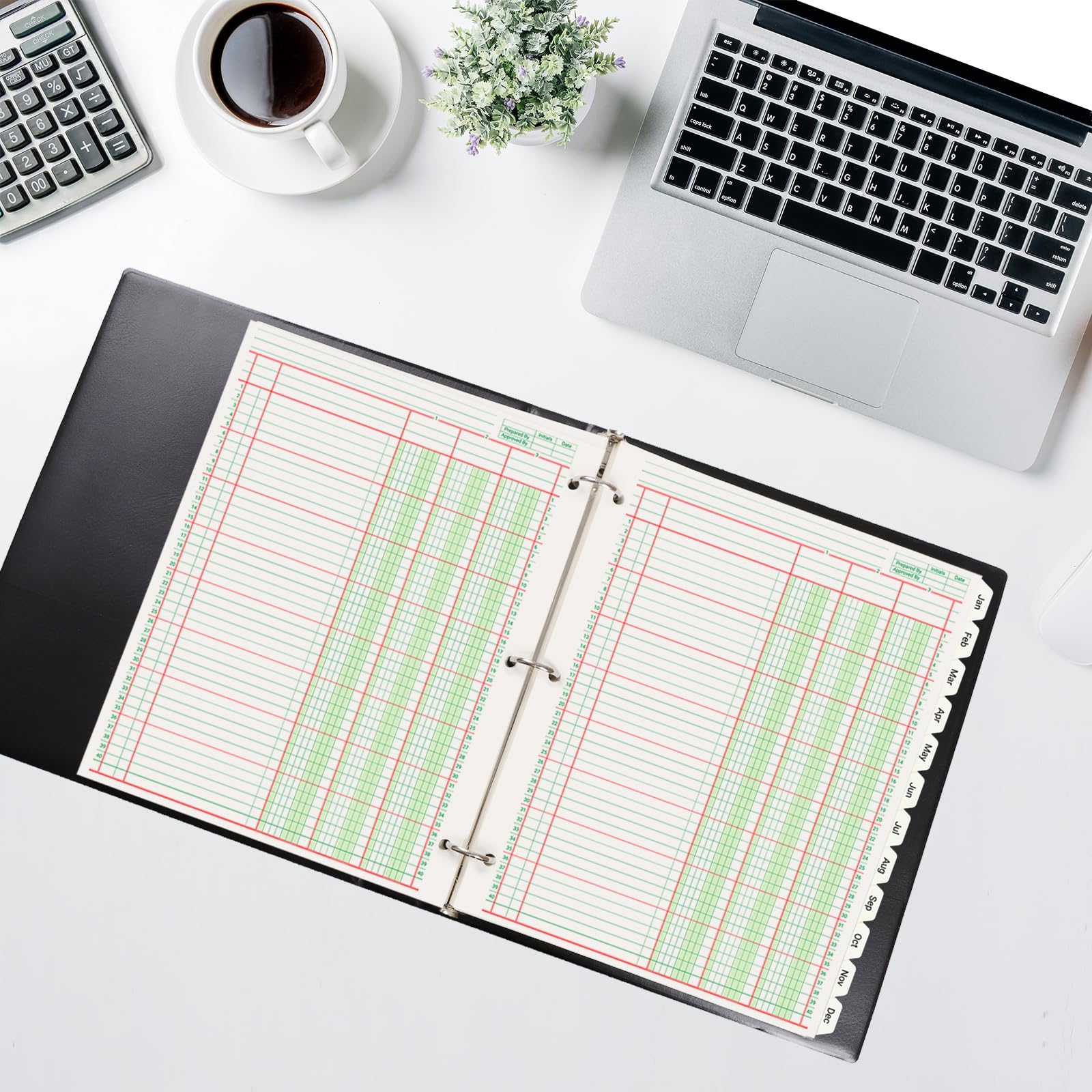 Lot de 100 feuilles de papier comptable avec 3 classeurs à anneaux et onglets mensuels, blocs d'analyse colonnaires à 3 colonnes, carnet de comptabilité rechargeable (21,6 x 27,9 cm)