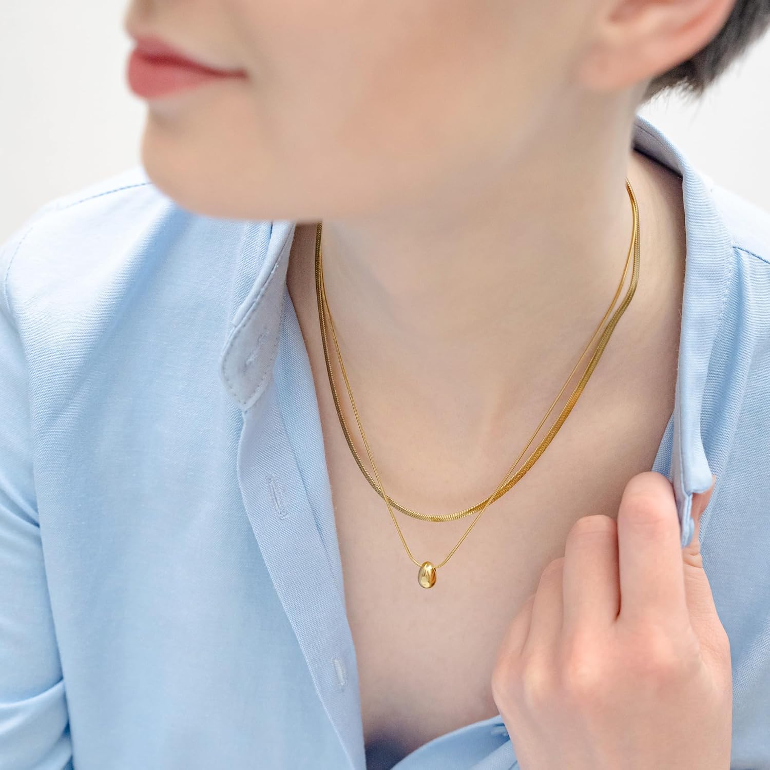 Non Tarnish Layered Necklaces for Women | Waterproof 18k Real Gold Plated Drop Pendant Necklace | Gold Chain | Fashion Jewelry for Women | PVD coated | Jewelry for Women | Herringbone Necklace | Gold Necklace for Women - Image 5