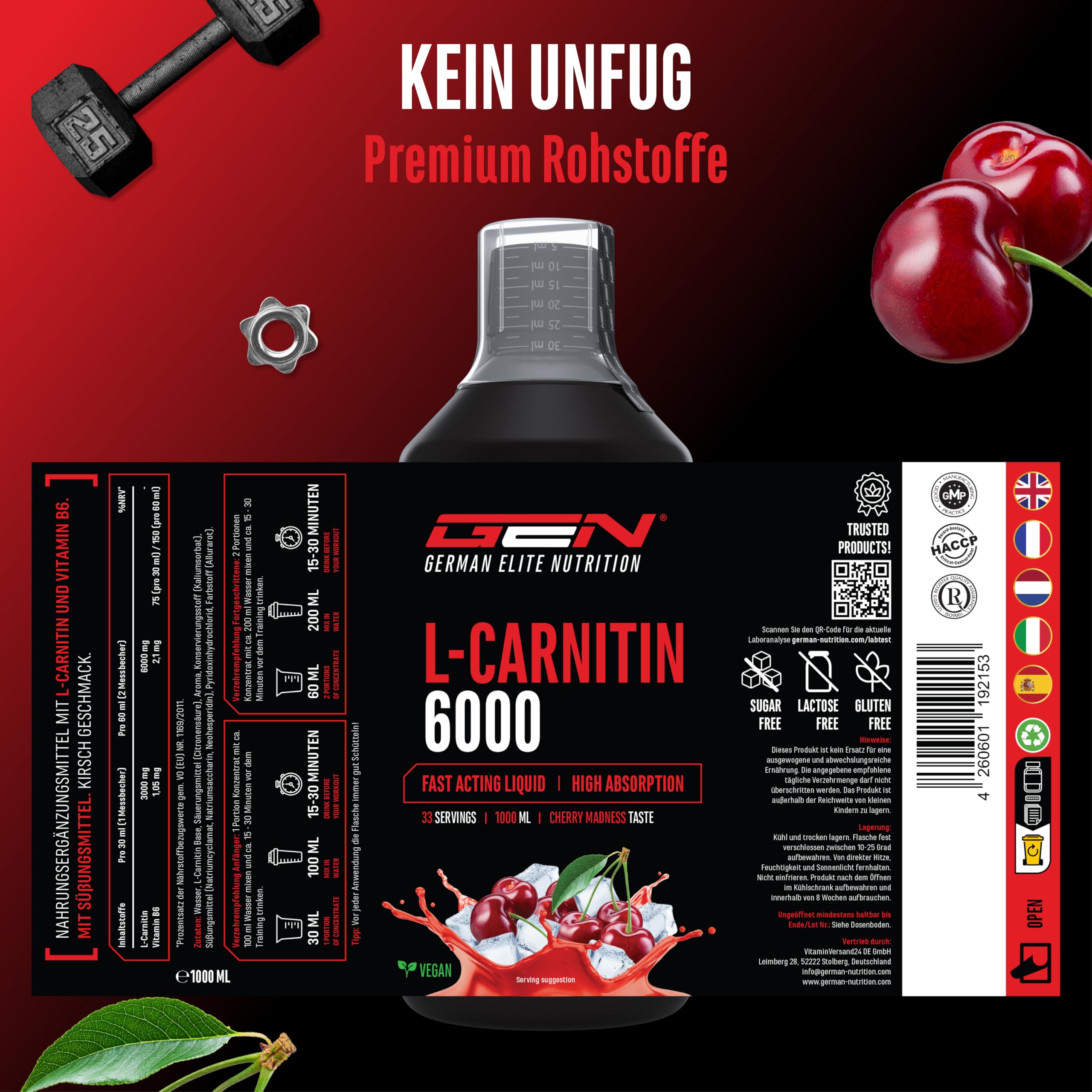 L-Carnitine 6000 Liquid - 1000 ml - Extra High Dose with 6000 mg Pure L- Carnitine per Daily Serving - Amino Workout Drink - Delicious Taste (Cherry  Madness)