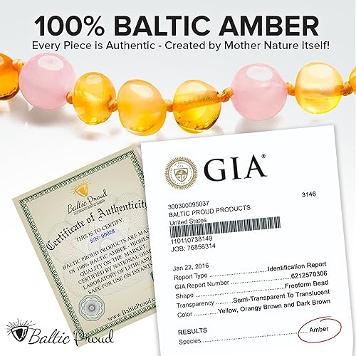 Miniatura 3 de Baltic Proud Amber Necklace (Unisex Honey Rose Polished 12.5 Inches) - Certified Premium Quality Raw Baltic Sea Amber