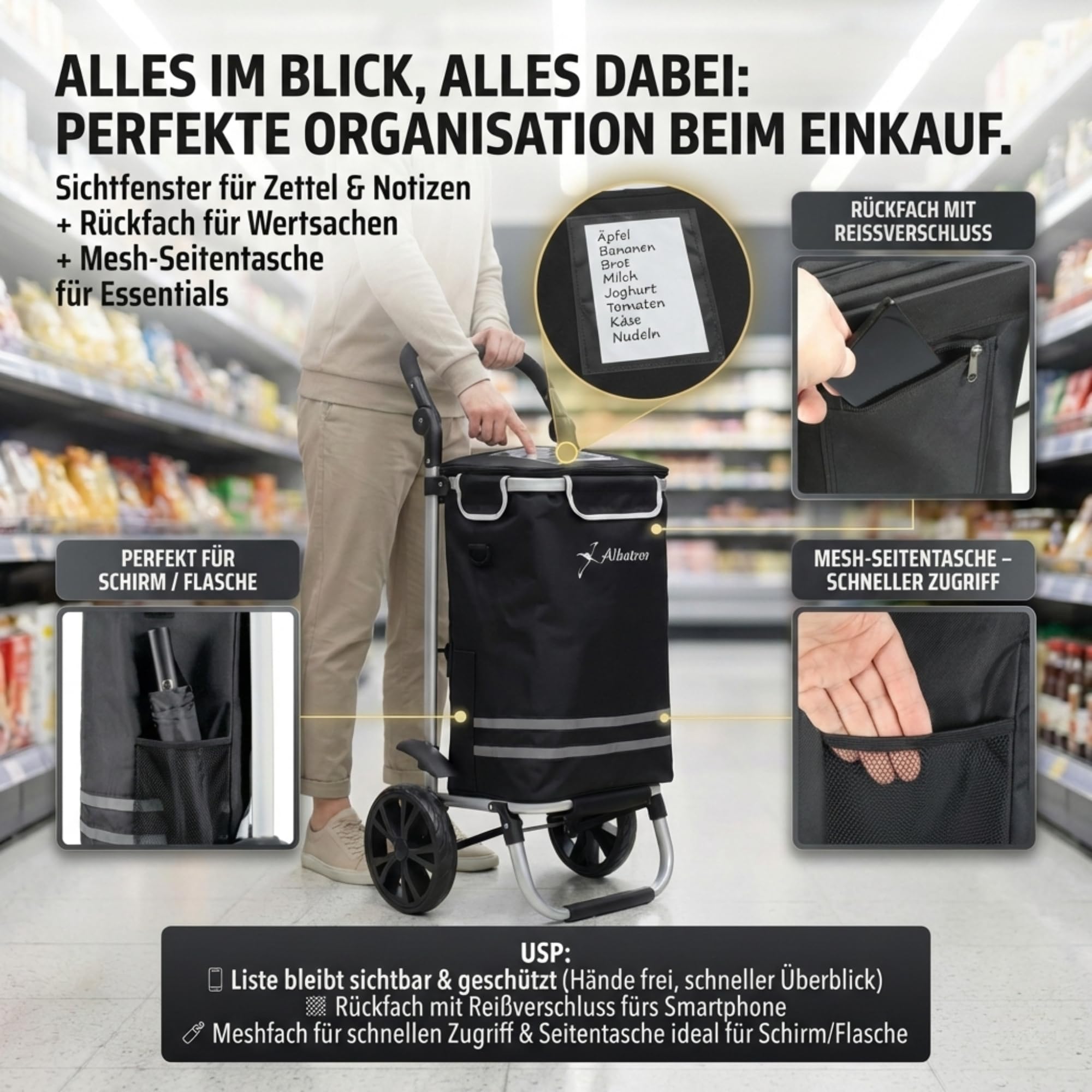 ALBATROS Einkaufstrolley Groß | Thermo-Innenbeutel, faltbar, inkl. Chip | Einkaufsroller mit großer Tasche, Sichtfenster für Einkaufszettel, große Räder, Sackkarre, klappbar & leichtläufig