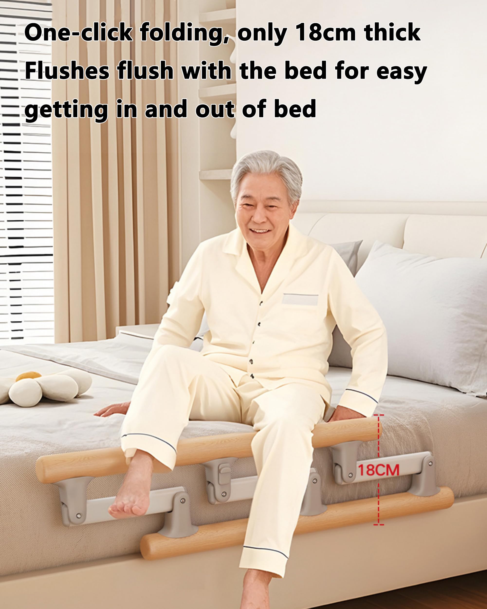 Sponda Letto in Legno massello Senza Installazione, bracciolo Pieghevole da Comodino per Anziani, Anti-Caduta, Aiuto per alzarsi, sponda Letto assistita Pieghevole con Un clic Three Gears