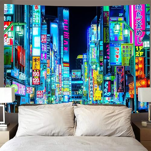 Miniatura 6 de iTapnoom Tapiz de anime japonés de neón punk, ciudad futurista, tapiz para colgar en la pared para hombres y niños, dormitorio, futuro fresco