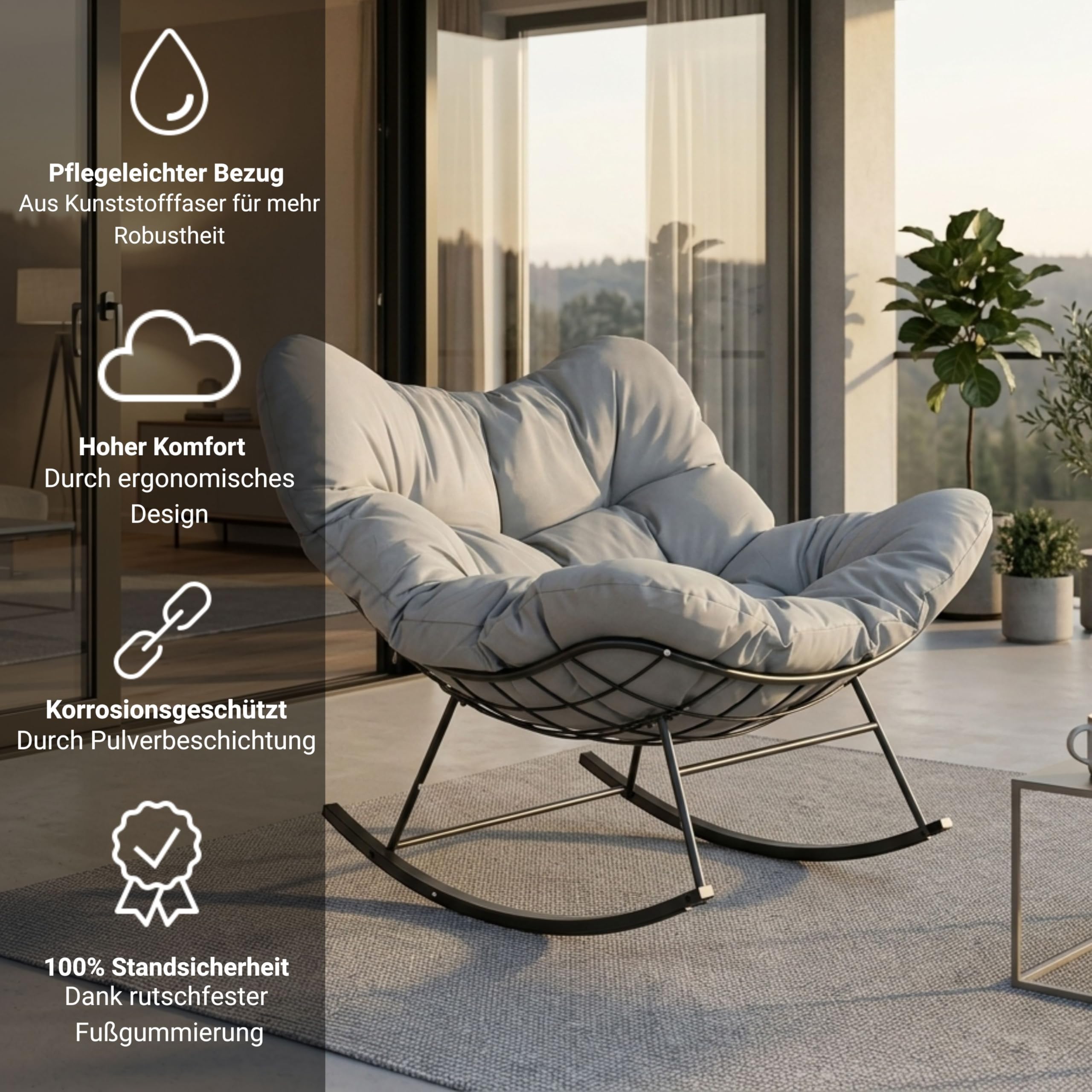 novaterra® Moderner Schaukelstuhl mit großem Komfort Kissen – ergonomischer Relax Schaukelstuhl hochwertig, gepolstert & ideal für den Garten, Lesen & Entspannen