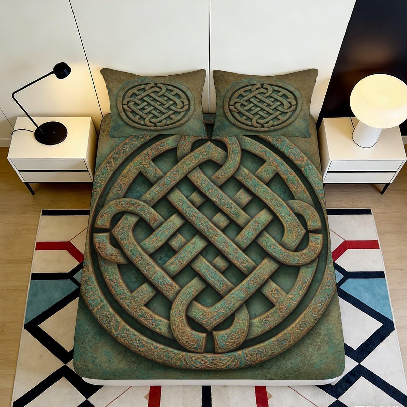 3D Printed Celtic Knot Fitted Sheet Microfiber Soft Breathable Green Vintage Bed Cover for Bedroom Dorm Decor 90x200x25cm