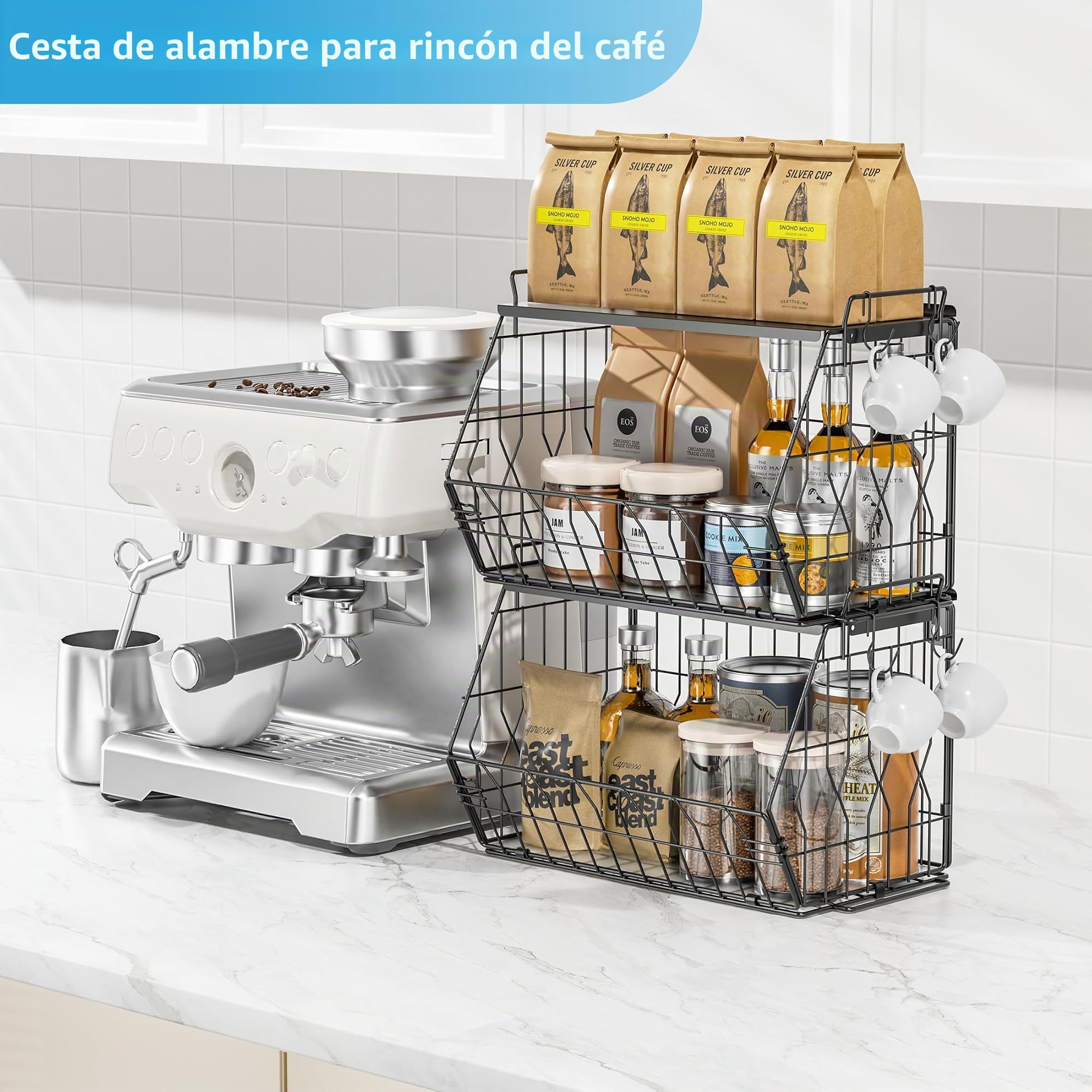 Ezprotekt Paquete de 2 cestas de frutas apilables con tapas de metal, cesta de frutas, cestas de frutas apilables montadas en la pared, cestas de patatas, almacenamiento de cebollas para cocina, cesta