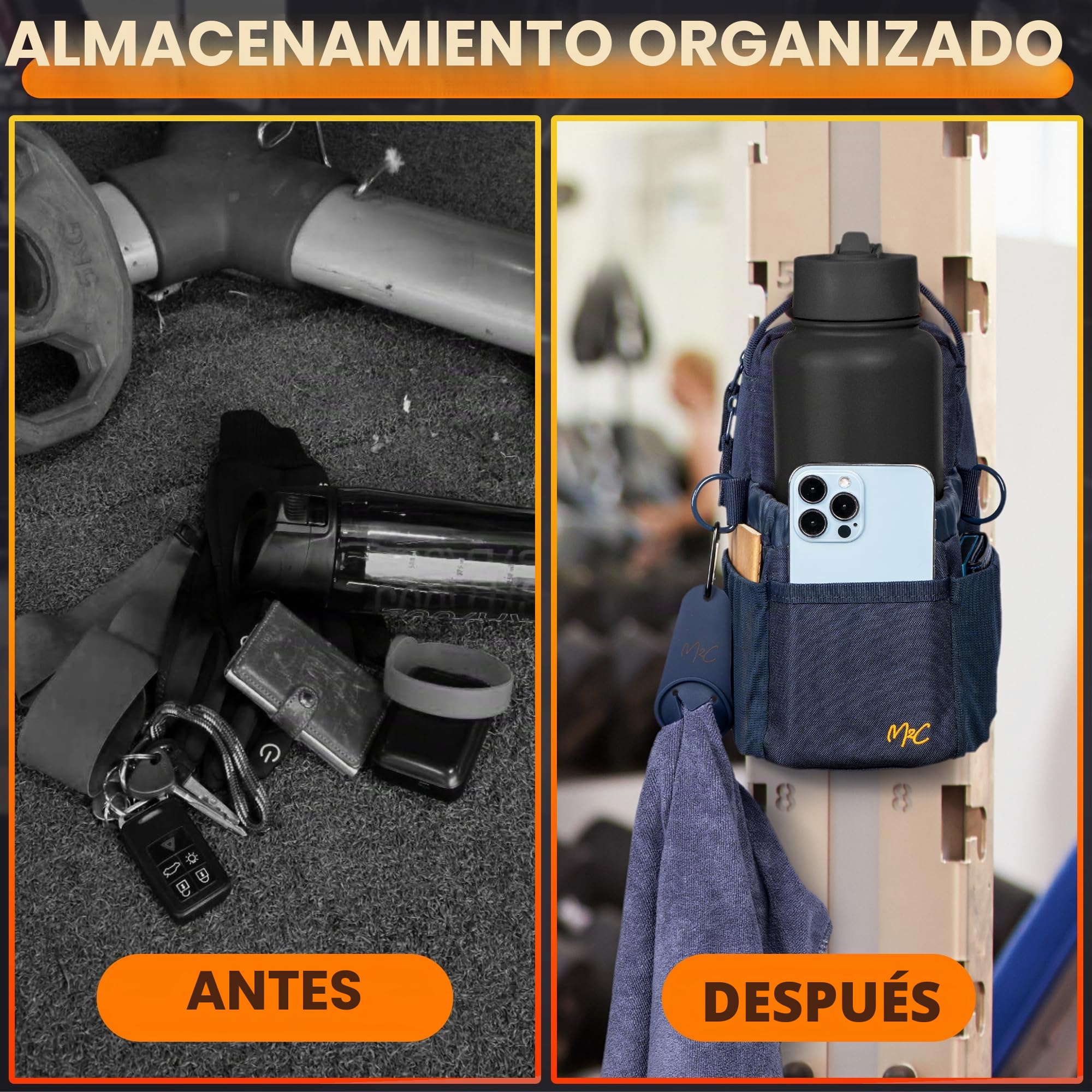 M2C® Magnetic Bottle Bag, pequeña Bolsa de Gimnasio para Hombres y Mujeres con potentes imanes, Botella de Agua y Soporte para teléfono, Clip para Llaves Y Bolsillo Principal Grande