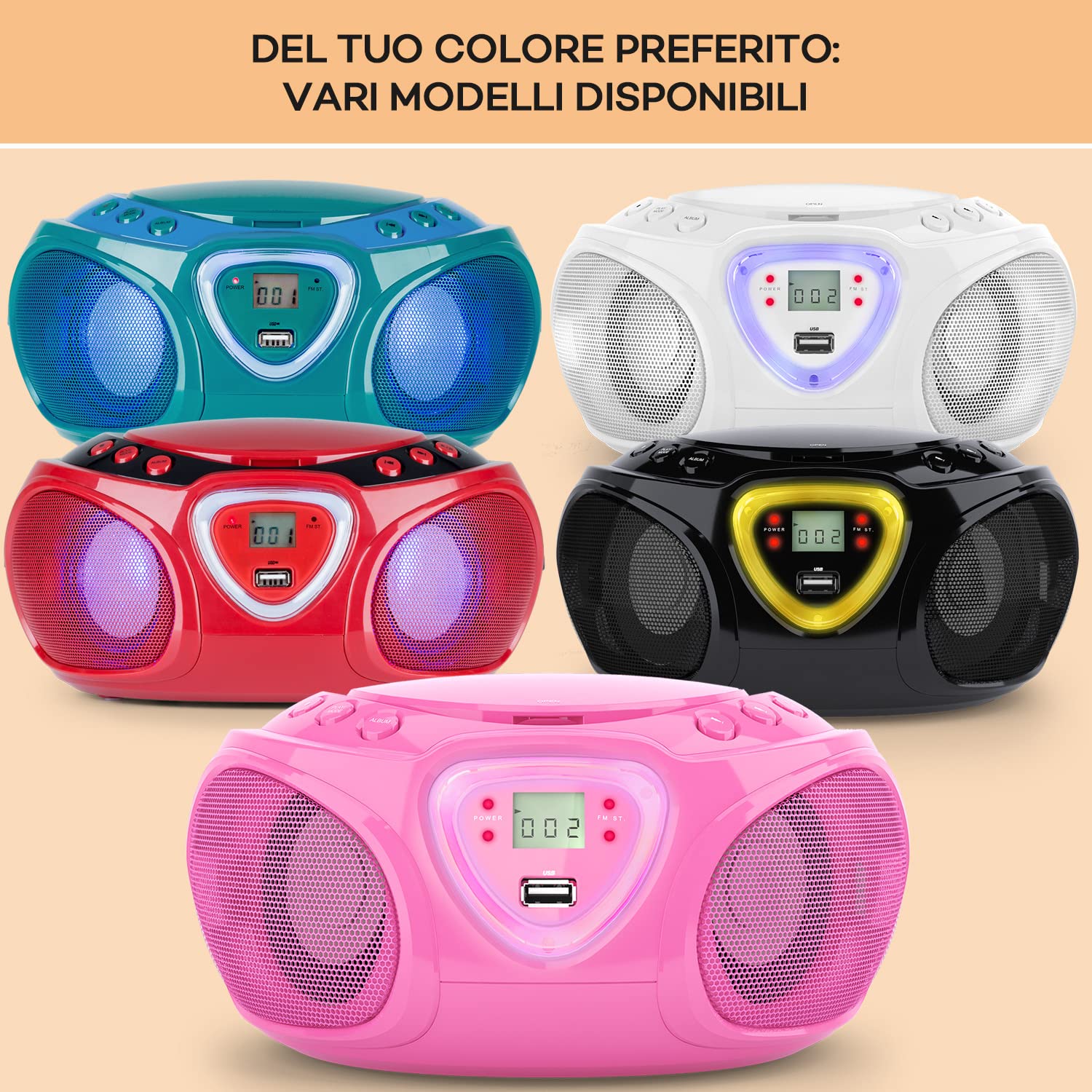 Auna Radio Portatil Pequeña con CD para Casa de 3W, Boombox FM+ Radio con Bluetooth + AUX Sonido Estéreo, Pantalla LED y Luces, con Asa, Transistores Radio Digital con USB, MP3, Carga Eléctrica