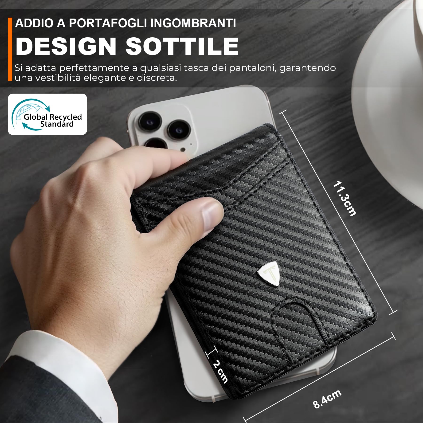 TEEHON Portafoglio Uomo RFID Blocking Portafoglio Uomo Slim Pelle in Fibra di Carbonio con 12 Porta Carte di Credito Uomo, ID Window, Fermasoldi, Bi-Fold Minimalista con Confezione Regalo - Nero