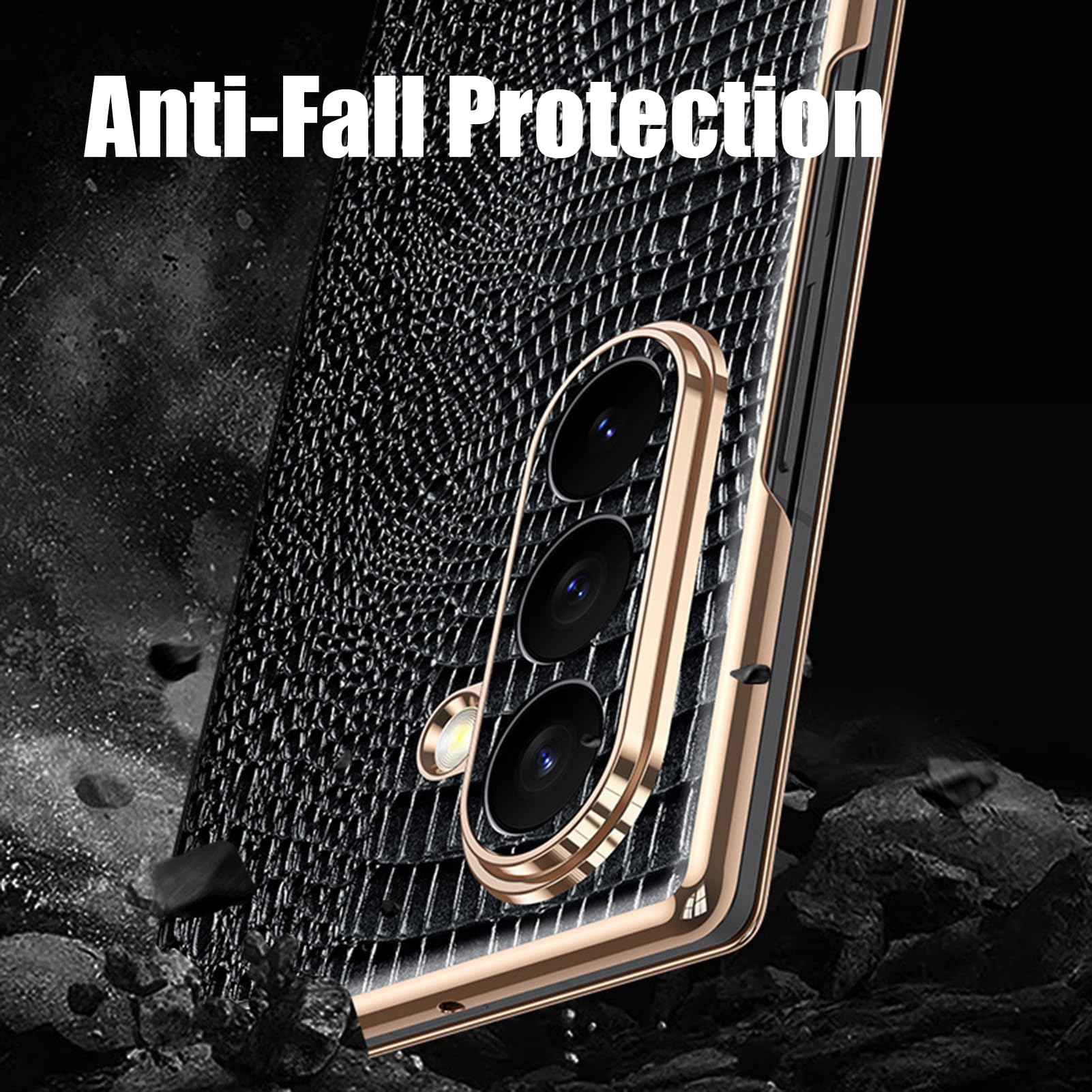 Funda Enchapada For Samsung Galaxy Z Fold 8 Ultra, Cuero Genuino Textura De Cocodrilo Cubierta De Borde Dorado Protección De La Cámara Forro De Fibra con Tapa Carcasa Antirrayas(Black)