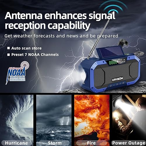 Miniatura 2 de Radio meteorológica de emergencia con manivela de mano, energía solar con AM FM NOAA, linterna de viento, cargador de teléfono celular, batería